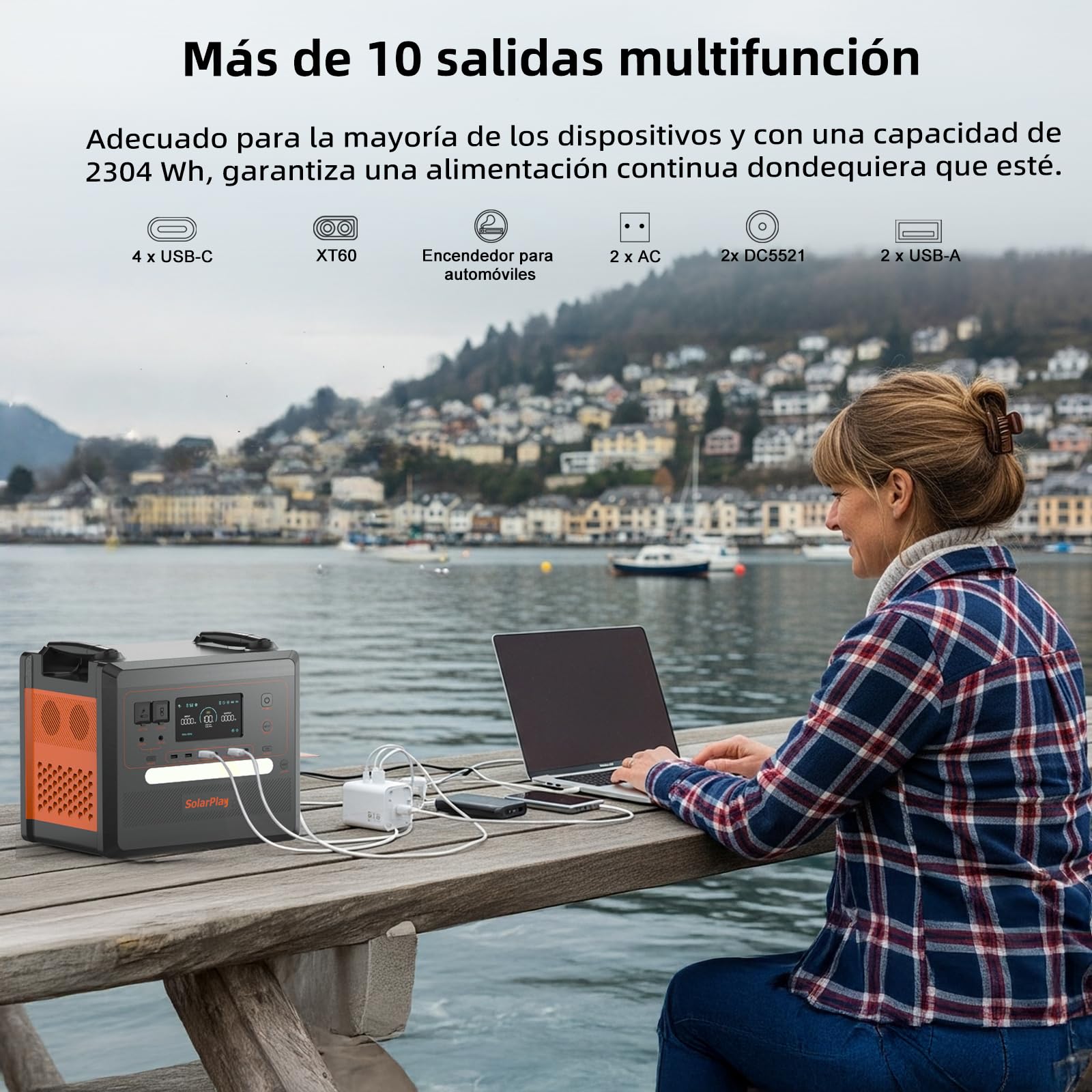 SolarPlay Q2402M Estacion de Energia Portatil,2304Wh LiFePO4,Salidas de AC de 2500W(Pico de 5000W) Generador Solar Portátil acampar al aire libre,para Viajes,Corte de Energía,Panel 200W.