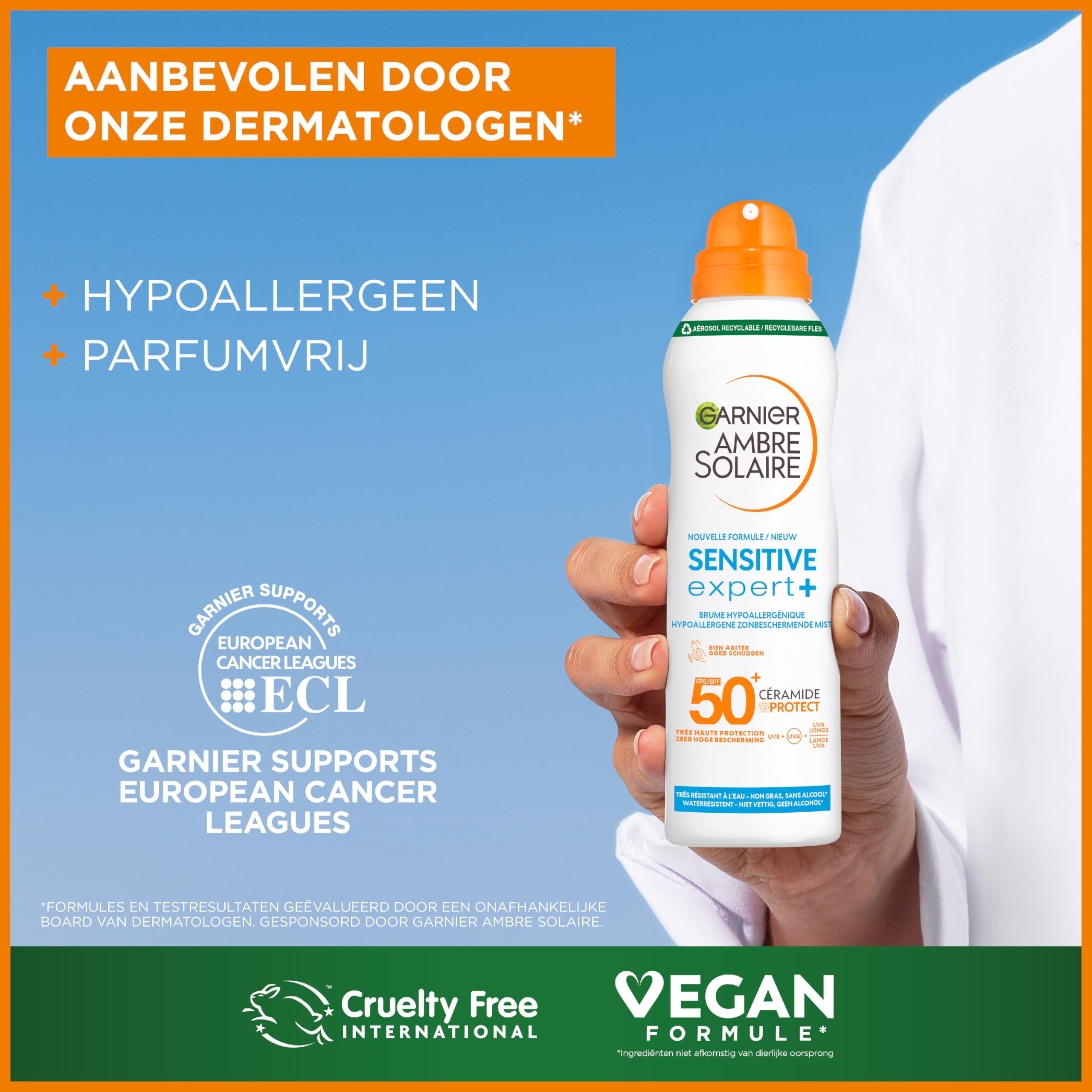 GARNIER Ambre Solaire Sensitive Expert+ - sucha mgiełka - ochrona przed słońcem SPF 50+ - chroni przed długim promieniowaniem UVA, UVB i UVA, wodoodporna, ceramidy, skóra wrażliwa i nietolerująca