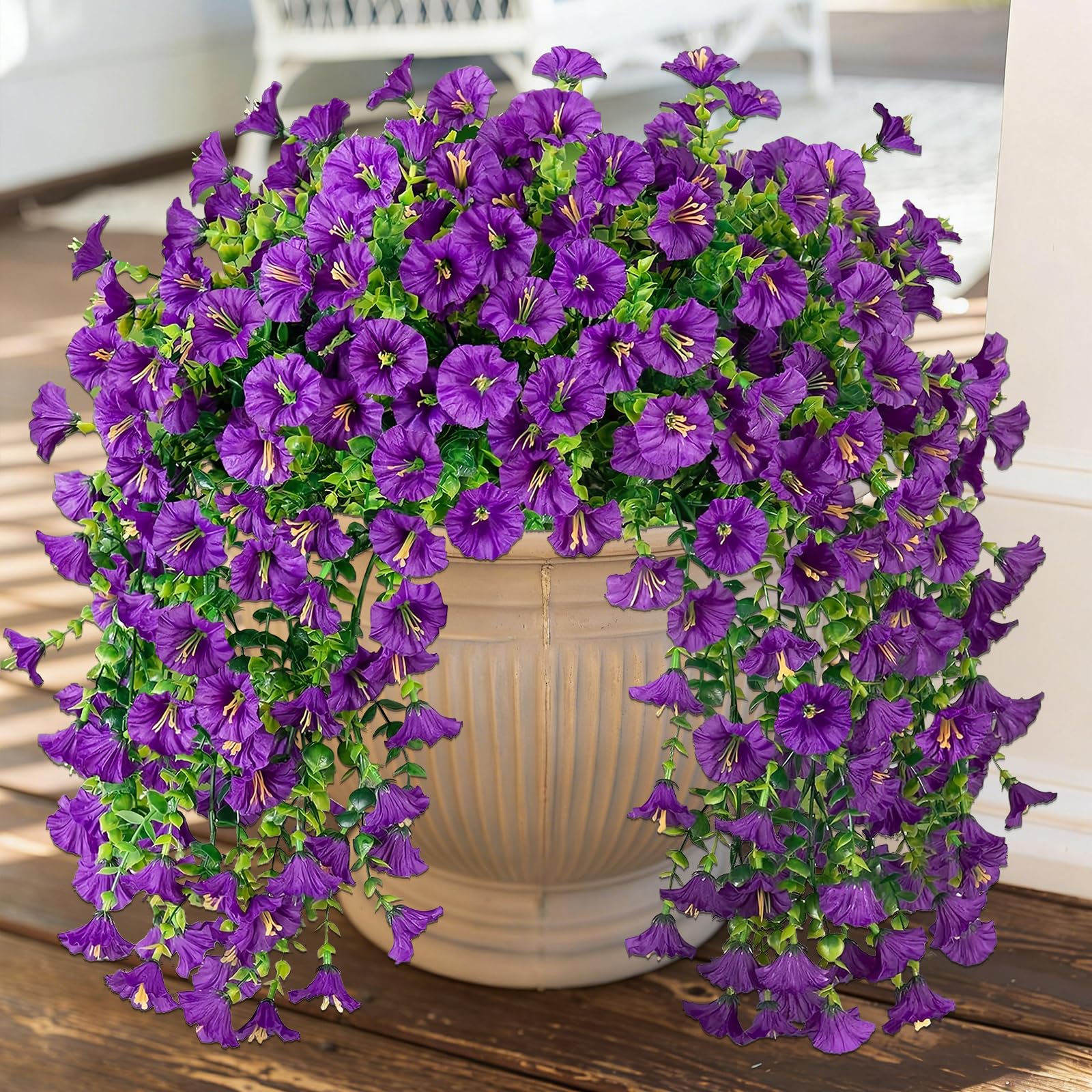 4PCS Artificial Hanging Flowers Outdoor Yellow Orange Fake Flowers Silk Faux Morning Glory Faux Petunias Resistant Fake Trailing Plants Vines for Indoor Home Patio Garden Porch Spring Decorations