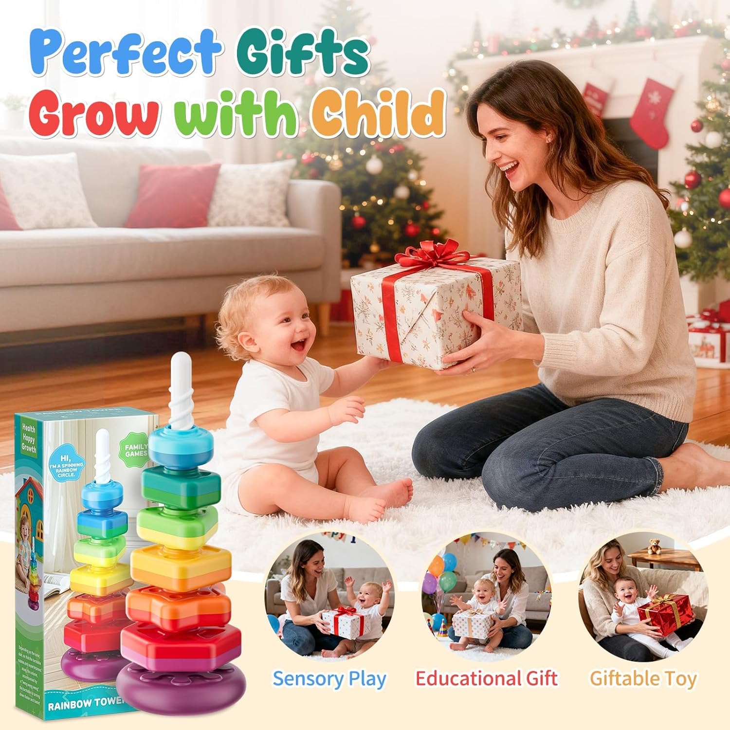 Baby Spinning Stacking Toys for Toddlers 1-3, Sensory Montessori Toys for One Year Old Girl Boy, Rainbow Ring Stacker Tower, Educational Learning Toy, Perfect Christmas Birthday Gifts