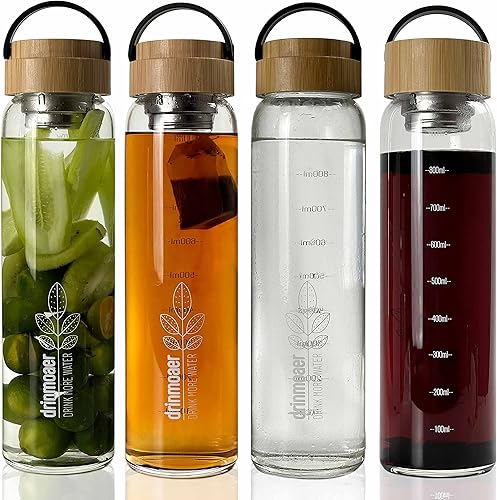 Miniatura 5 de Botella de agua de vidrio de 32 onzas con tapa de bambú y funda de neopreno, botella de agua fría de apertura amplia (original)