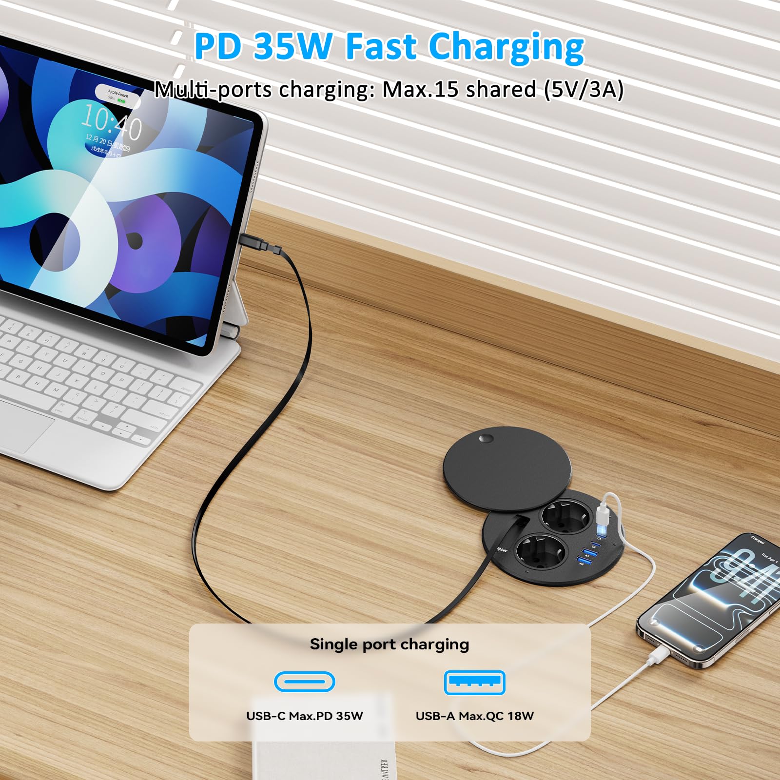Toma empotrable encimera con USB C PD 35 W, multitoma empotrable de escritorio con tapa, bloque de enchufe escalable con cable de 1,8 m para cocina, oficina muebles