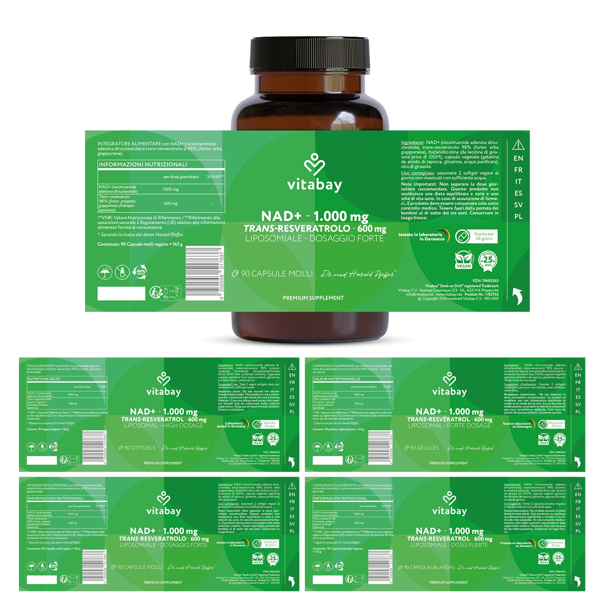 Vitabay NAD+ liposomiale 1000 mg con trans-resveratrolo 600 mg - 90 softgel vegane - alto dosaggio, vegano, testato in laboratorio in Germania - integratore NAD - senza OGM - 45 giorni