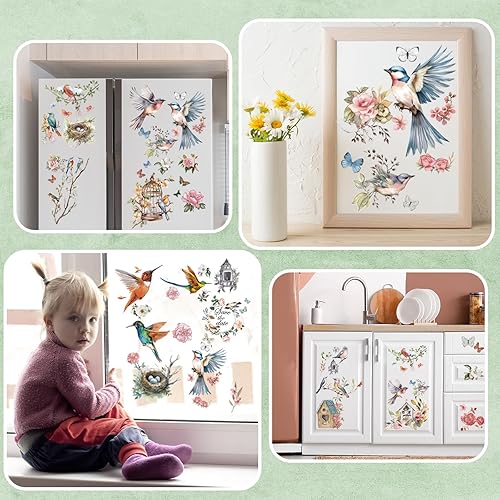 Miniatura 5 de Whaline 12 hojas de transferencias adhesivas de pájaros y flores para manualidades y muebles, clásicos pájaros florales, transferencia adhesiva de