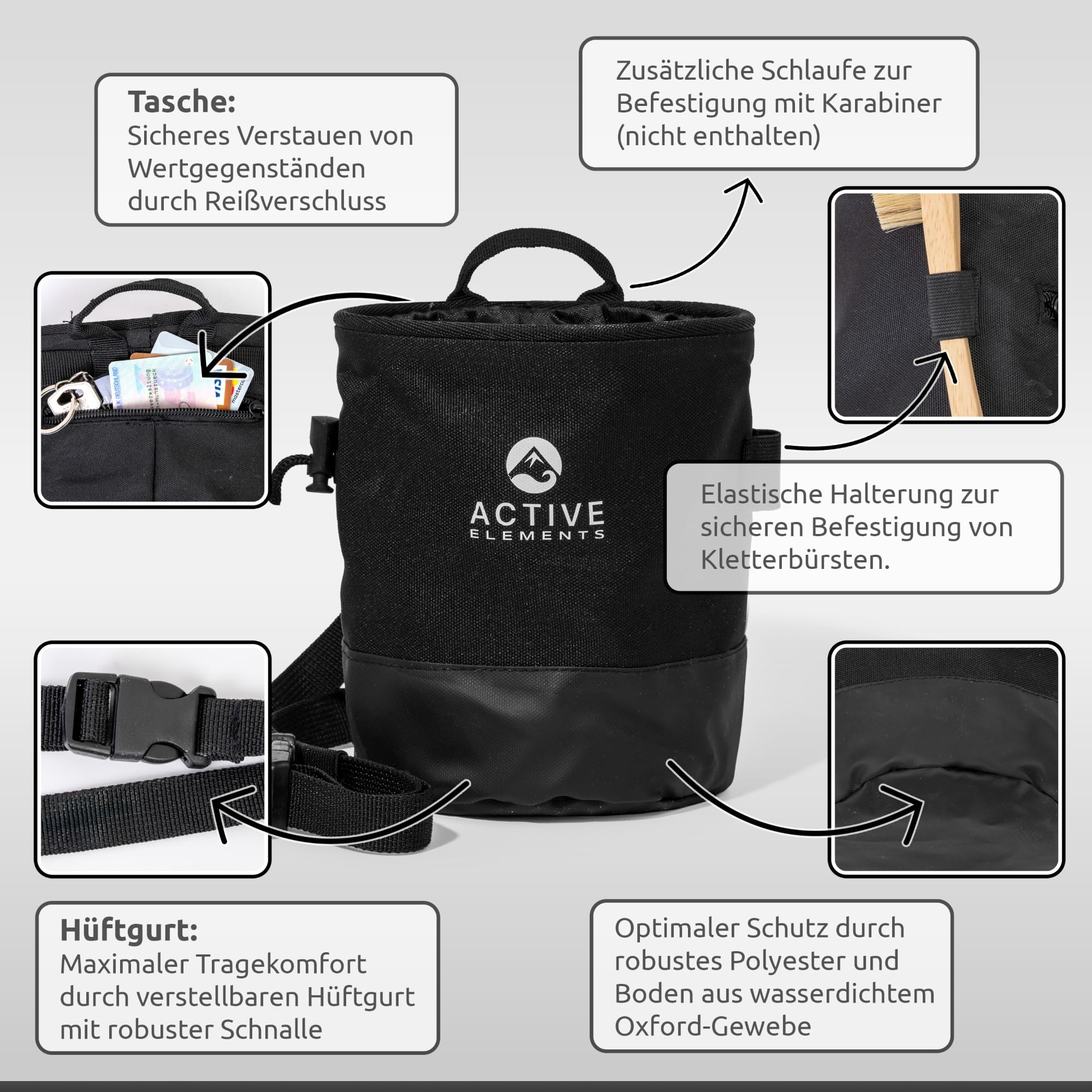 Accessoires Boulder : ensemble composé d'un sac à magnésie, d'une boule de magnésie, d'une brosse de boulder et d'un ruban d'escalade