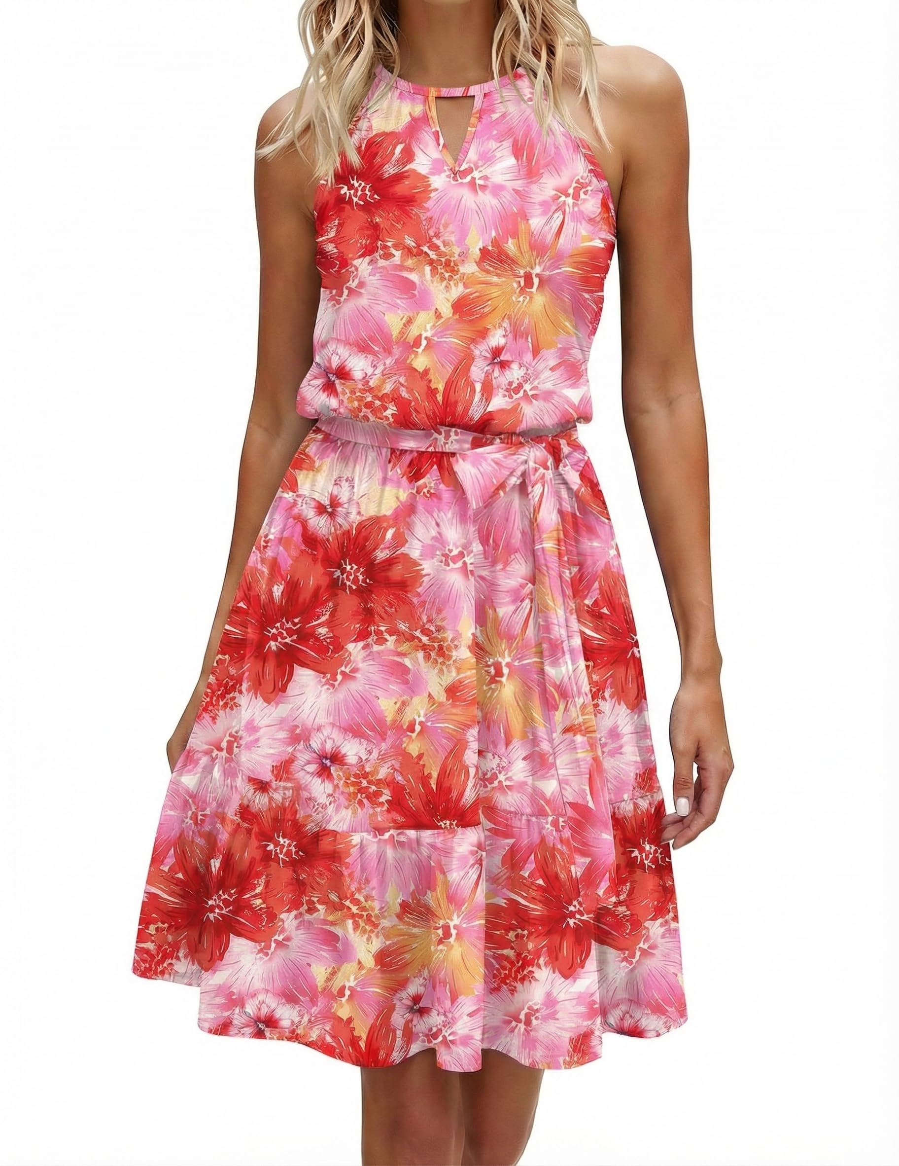 Zeagoo Kleid Damen Sommer Neckholder Kleider Knielang Keyhole Sommerkleid Rüschen Blumenkleid Freizeitkleid mit Taschen