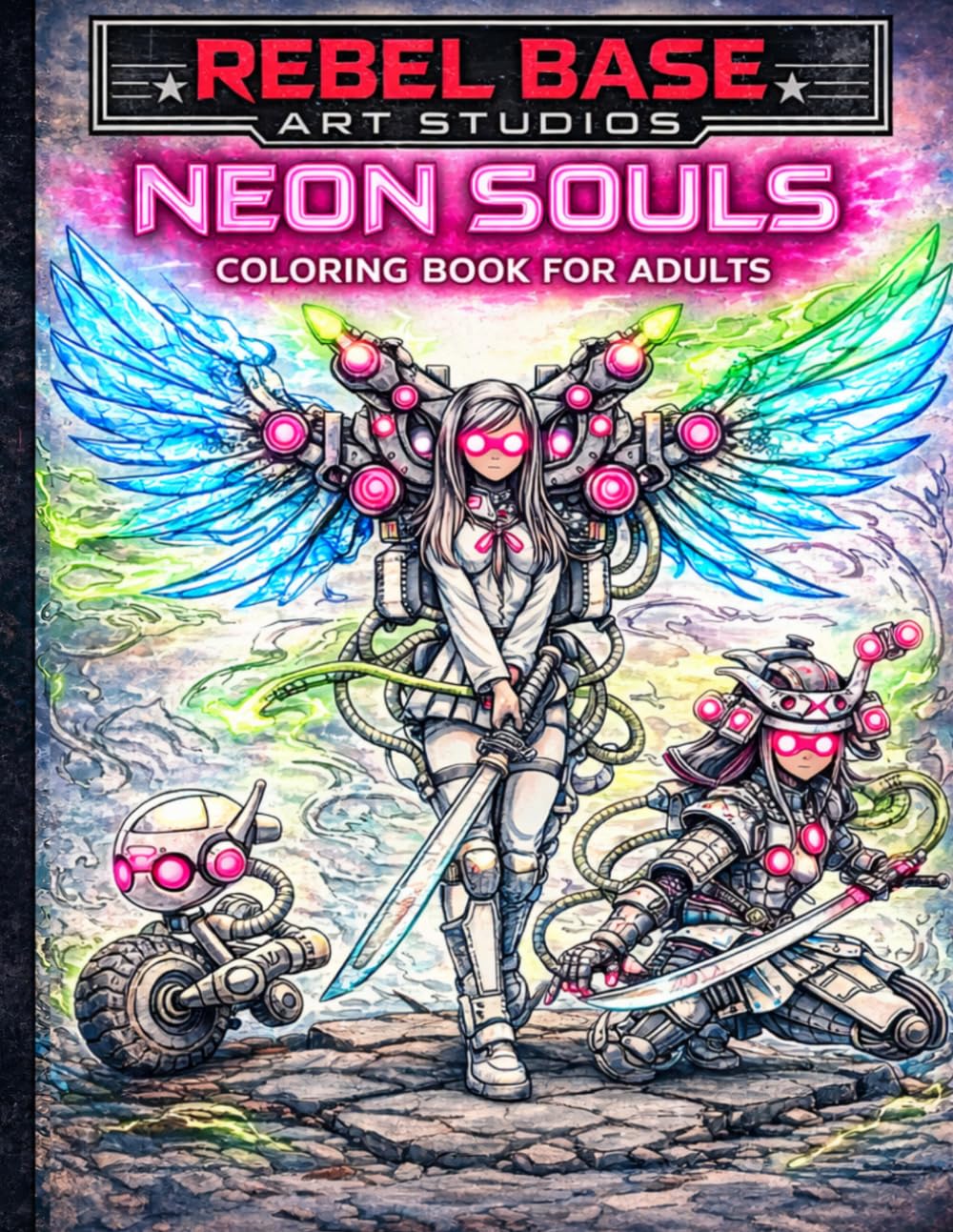Neon Souls Coloring Book for Adults: Futuristic Mech Warriors, Cyberpunk Robots & Sci-Fi Samurai | Mechanical Awakening by Rebel Base Art Studios