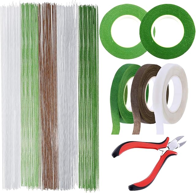 Allazone 10 Kinds Floral Arrangement Tool Kit Floral Tape Stem Wrap Floral Tapes, 26 Gauge Stem Wire and Floral Wire Cutter for Florist Making Beautiful Bouquet Arrangement