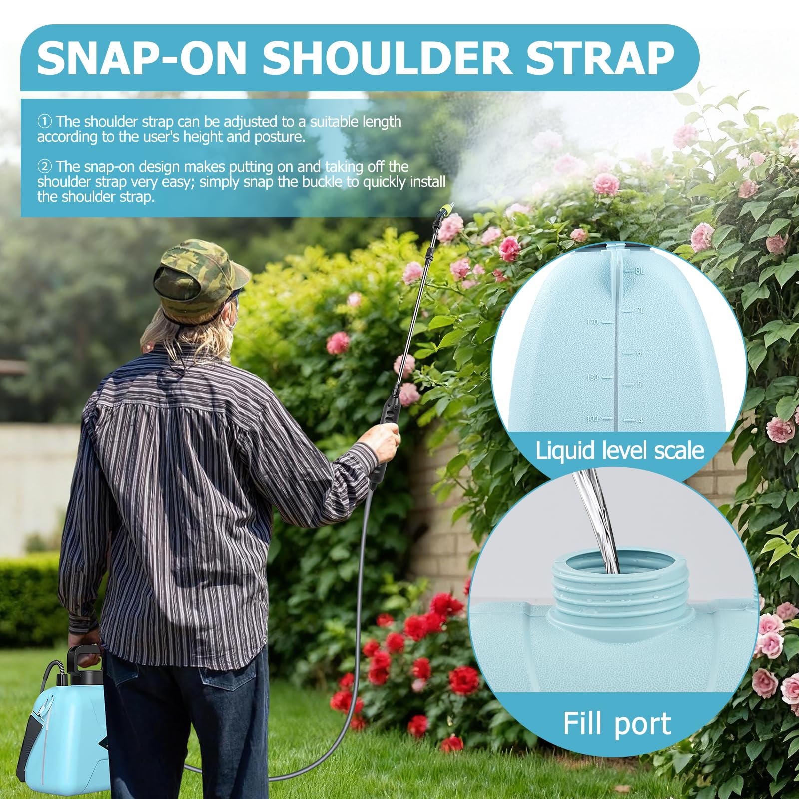 Nikou Pompa Irroratrice a Batteria 8L, Spruzzatore Elettrico Nebulizzatore Giardino a Pressione, Spruzzino Nebulizzatore Piante con 3 Ugelli, Lancia Telescopica, per Cortile Prato Irrigazione