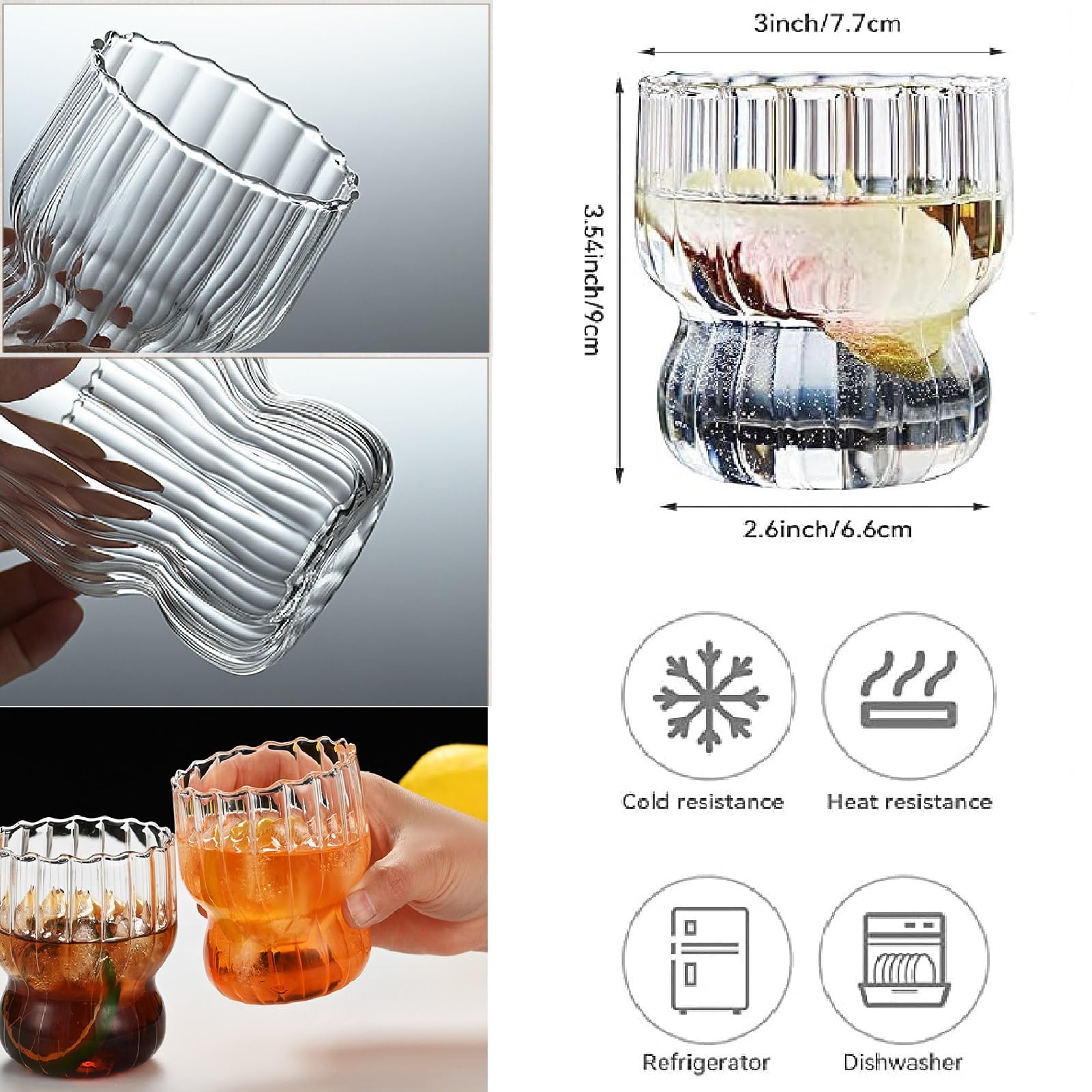 Vintage Coffee Mugs Dessert Cups Glass Set of 4, 260ML Clear Ice Cream Cups Ripple Drinking Glasses Set With Spoons, Cocktail Glasses Coffee Bar Accessories Glassesware for Whiskey Tea Soda Coffee