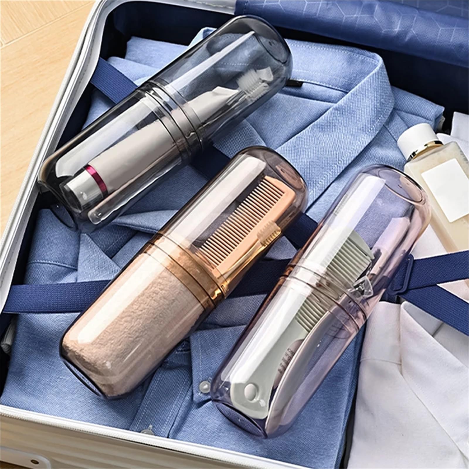 Porta Spazzolino 3 Pezzi portaspazzolino da Viaggio Organizer da Bagno Portatile for Lavare la Tazza, Scatola portaspazzolino in plastica, collutorio(Gray)