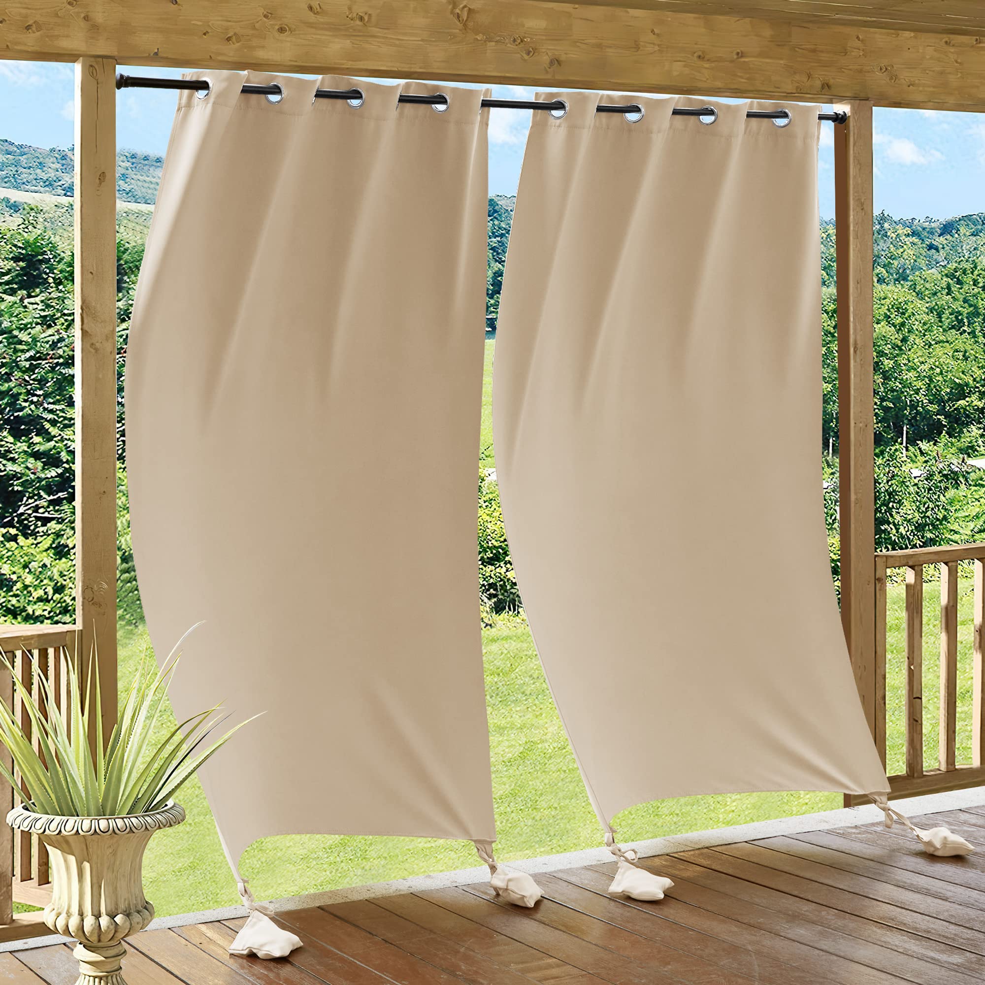 PONY DANCE Tenda da Sole per Esterno Impermeabile Tende Antiventi con Sacchi Pesati per Gazebo con Anelli Anti-UV Blackout Curtains per Balconi 2 Pezzi L132 x A213 CM, Beige