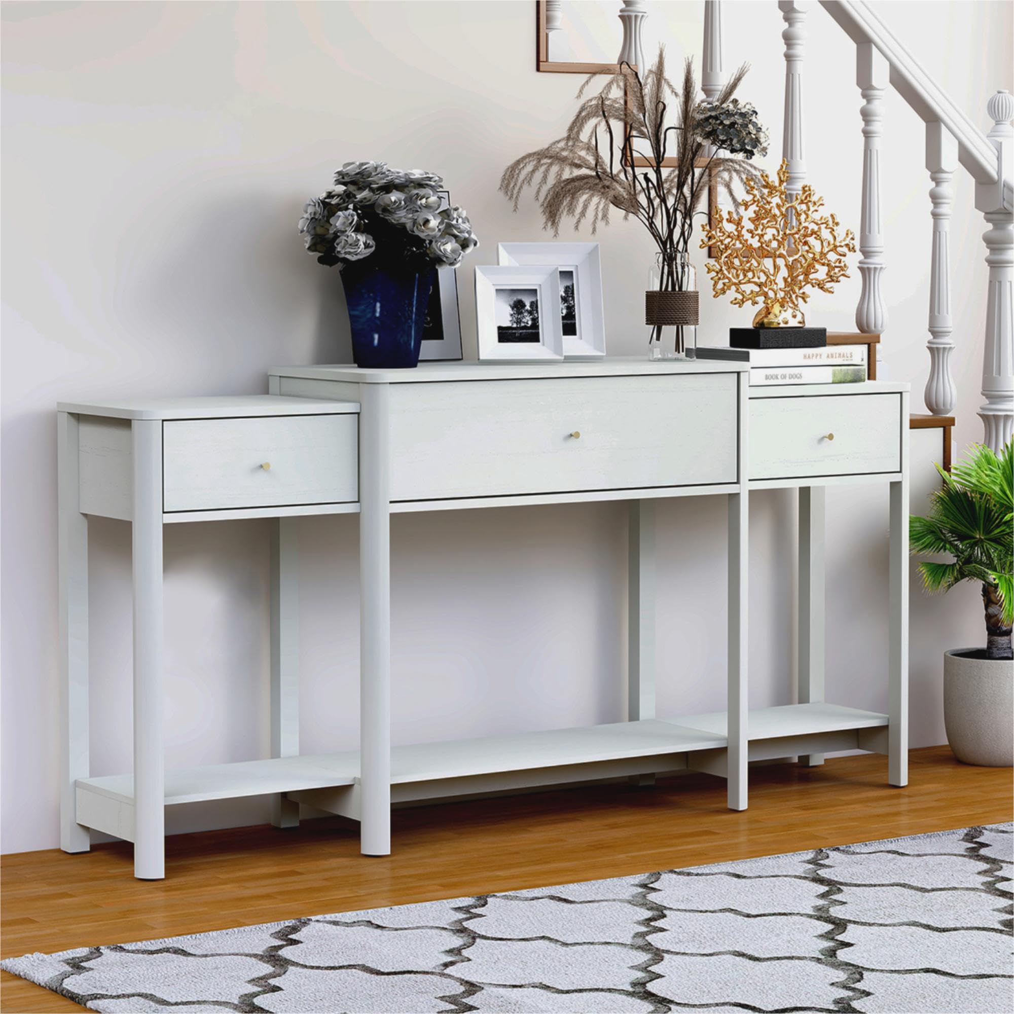 Tavolo d'ingresso con 3 cassetti in legno – moderno tavolino consolle per l'ingresso, organizer di archiviazione per il corridoio, moderno tavolino con accento con ripiano inferiore (Bianco