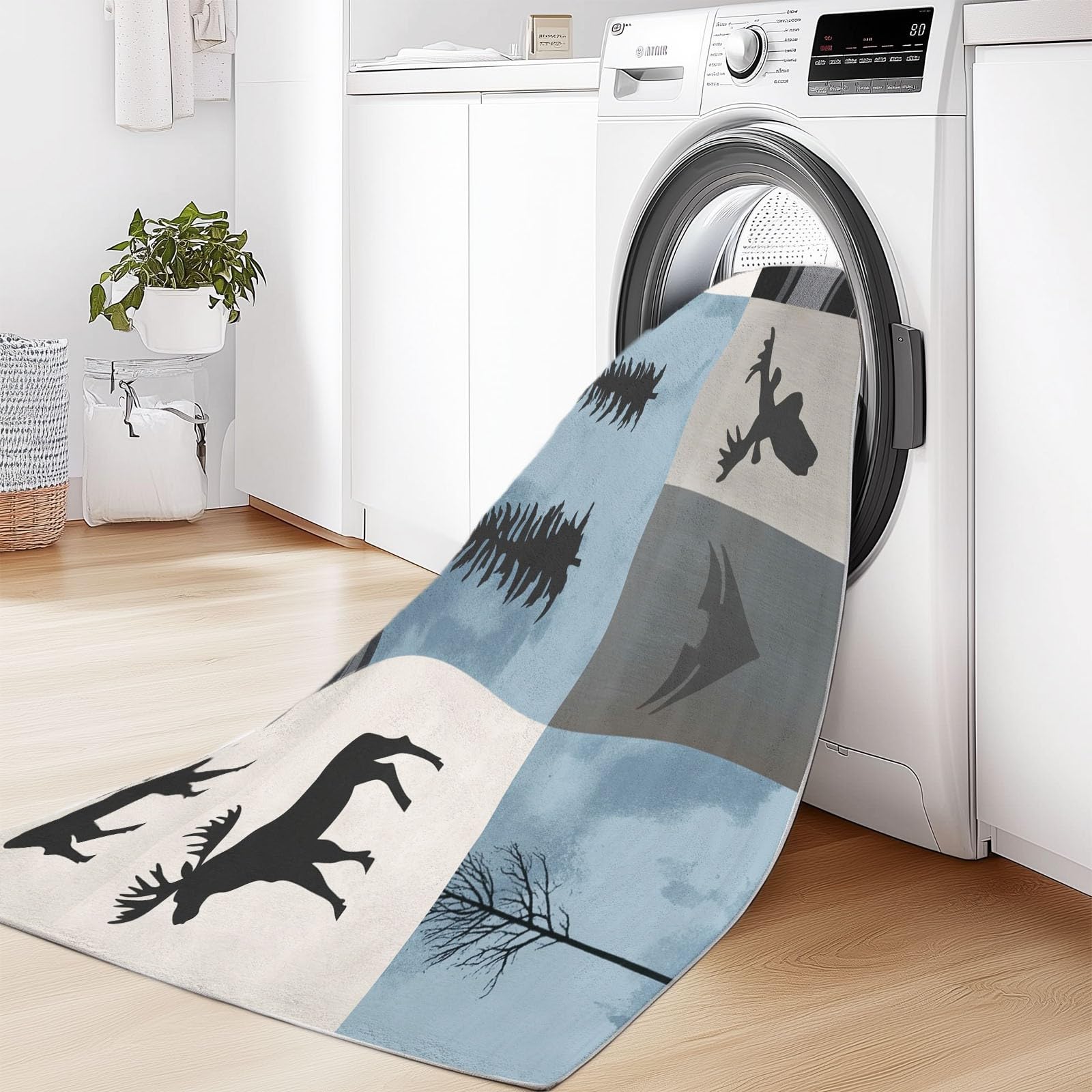 Gris Marron Tapis antidérapant Lavable - 120 x 170 cm - Moderne Simple Patchwork Cerf - Léger et résistant - pour Couloir, entrée, Salon et Zones à Fort trafic