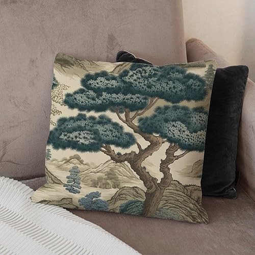 Miniatura 4 de Funda de cojín verde y marrón índigo, chinoiserie, color verde azulado, chinoiserie, pino, funda de almohada rústica para decoración de casa de