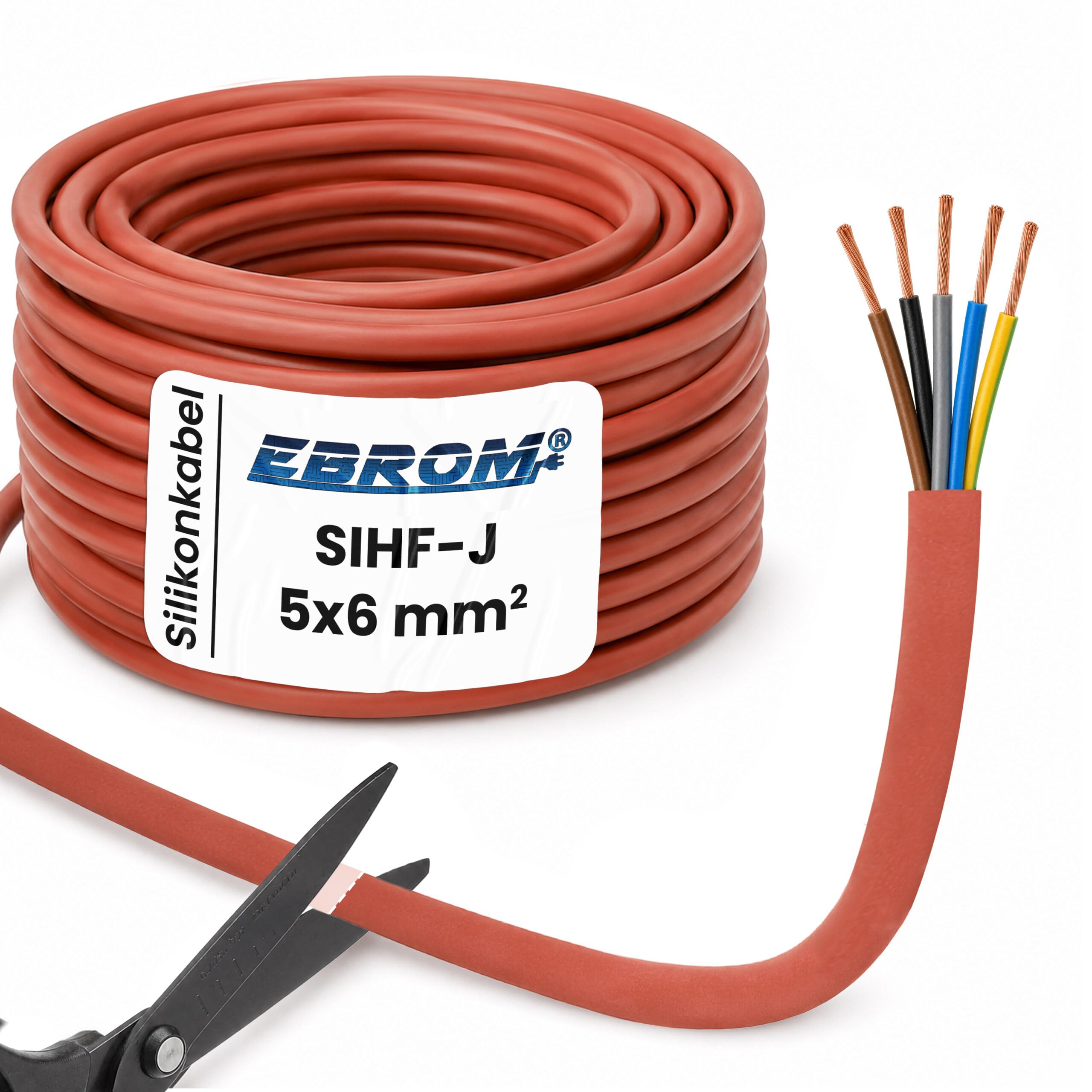 EBROM Câble de sauna en silicone SIHF-J - 5 x 6 mm² - 99,9 % cuivre OFC étamé - Vendu au mètre - Brun rouge au choix : 2 m