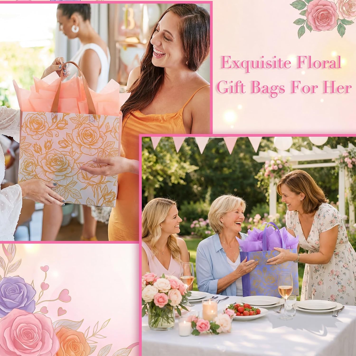 Eccliy 3 Pcs Large Gift Bags for Mother's Day, Floral Gift Bags with Handles for Women, Reusable Non Woven Rose Totes with Tissue Paper, Greeting Cards, Envelopes for Weddings, 12.2 x 11 x 4.7 in