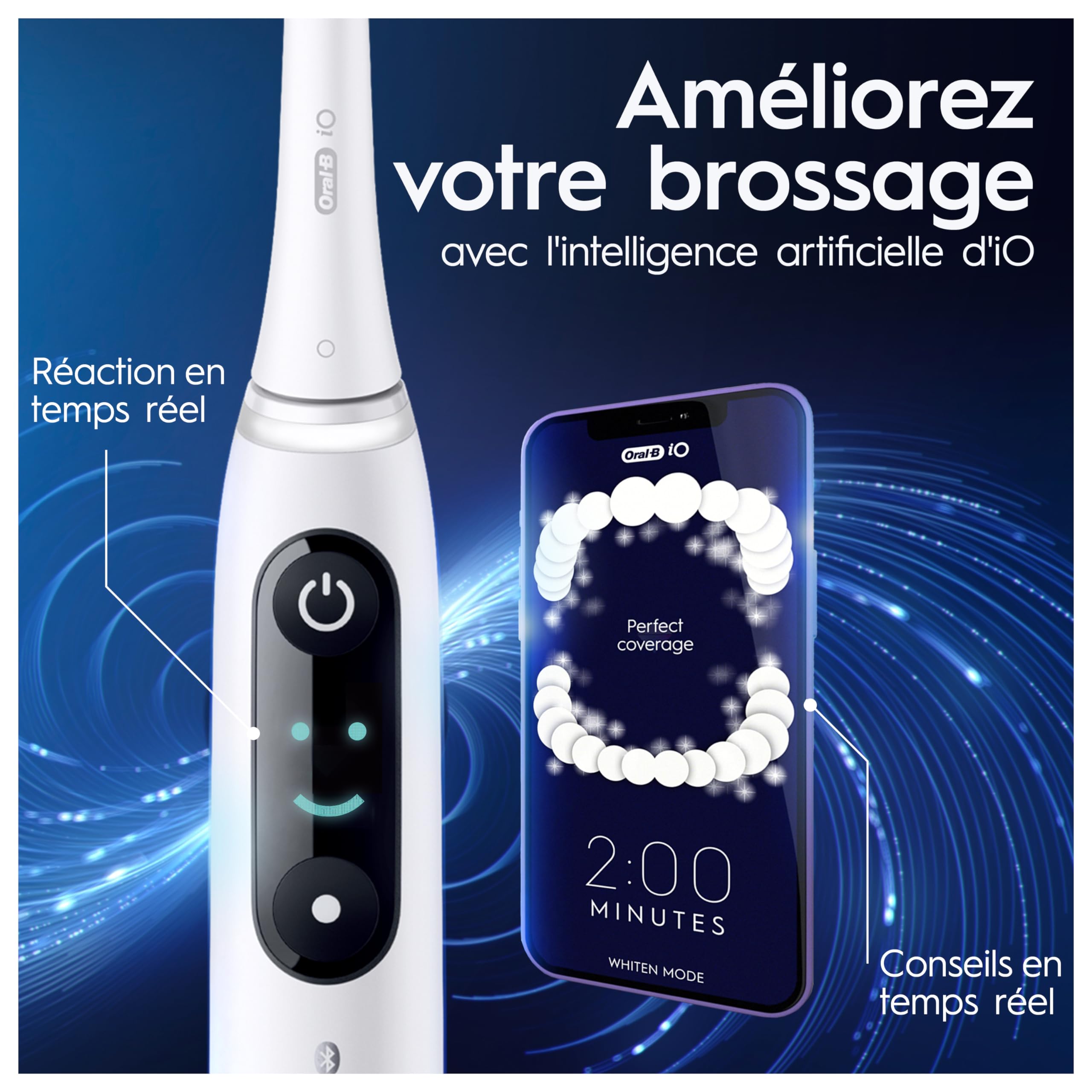 Oral-B iO 8N Brosse À Dents Électrique Blanche connectée Bluetooth, 2 Brossettes, 1 Étui De Voyage, Ensemble de 4 pièces