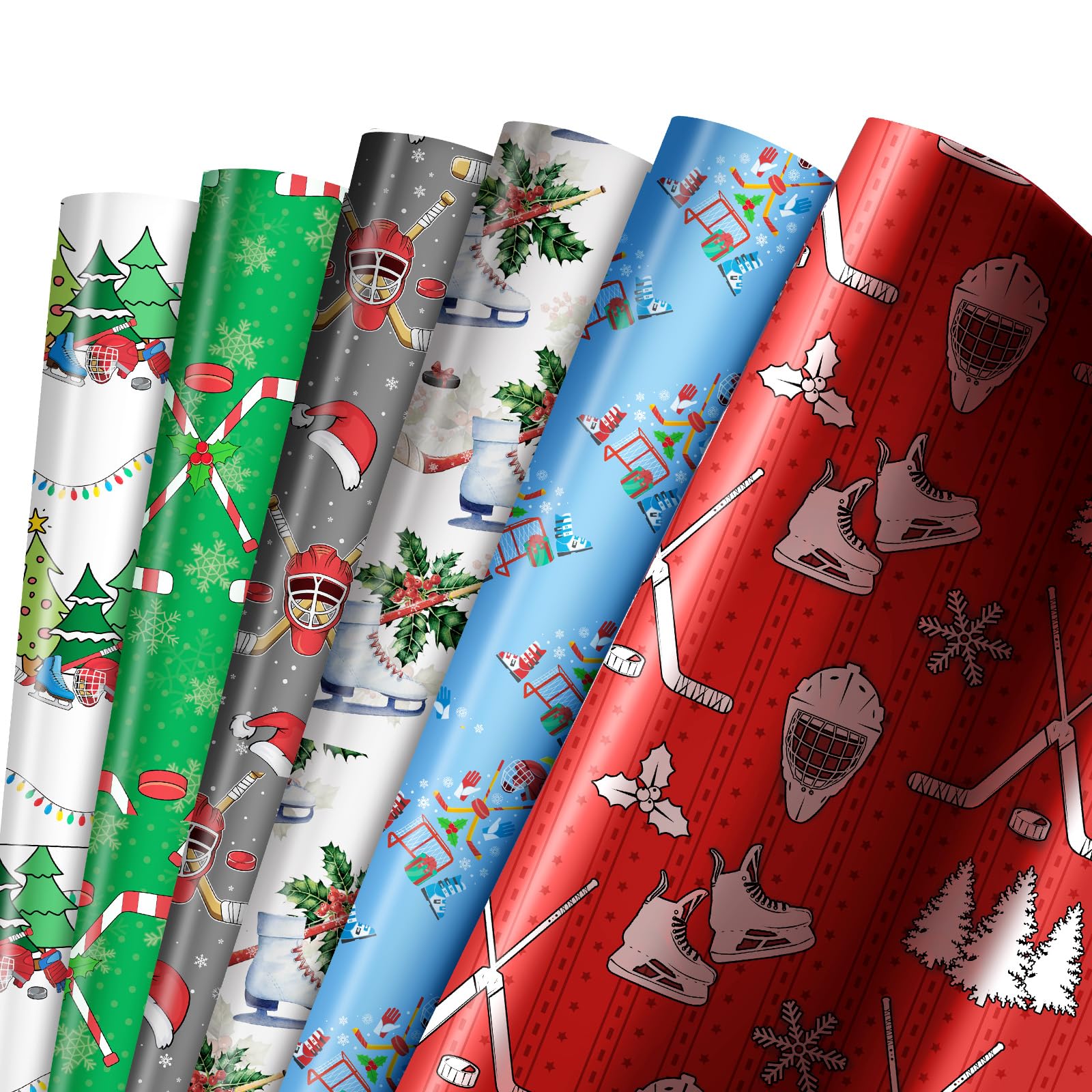 Watersay 12 Pcs Sport Theme Christmas Wrapping Paper Ice Hockey Gift Wrap Funny Holiday Wrapping Paper for Xmas Party Decoration Arts Crafts