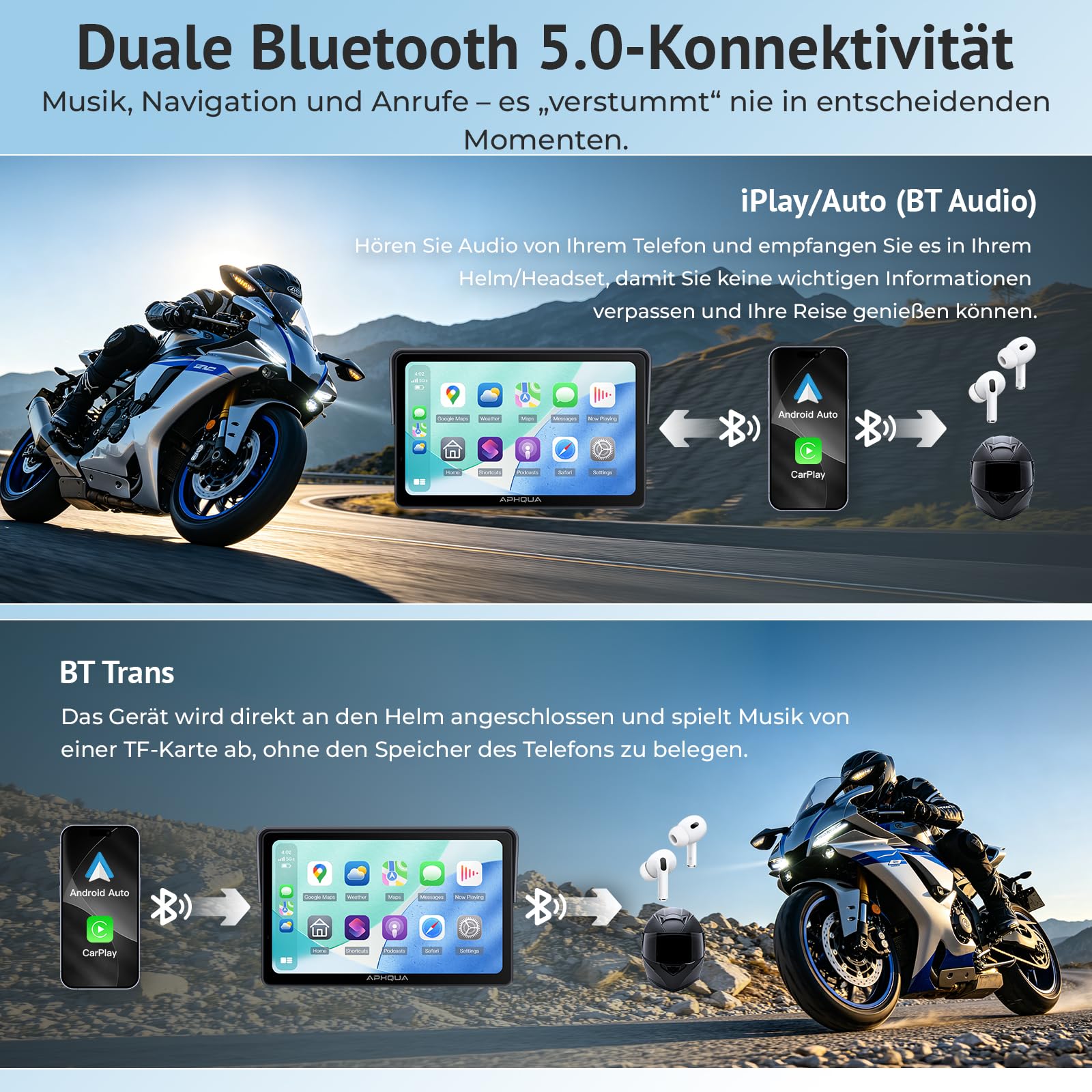 Motorrad Carplay Display 7 Zoll Wasserdichter Touchscreen, Reifendruckkontrollsystem (TPMS), Kabelloses CarPlay und Android Auto für Motorrad, Dual Bluetooth, GPS-Navigation