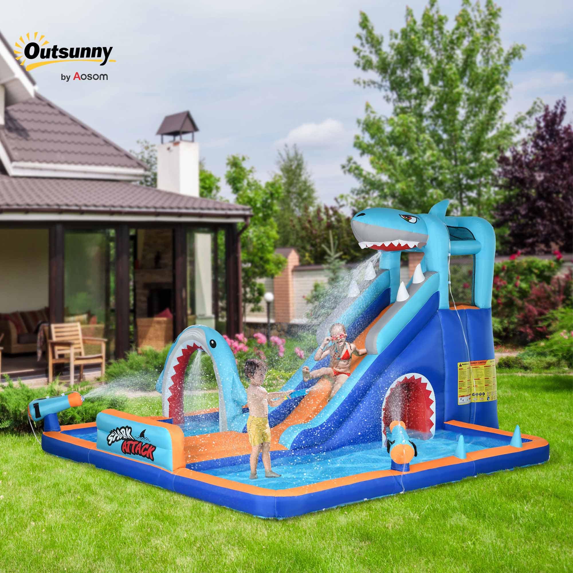 Outsunny Castillo Hinchable Infantil 6 en 1 Castillo Hinchable para Niños con Tobogán Piscina Muro de Escalada Cañón de Agua y Bolsa de Transporte Temática de Tiburón 440x350x240 cm Multicolor