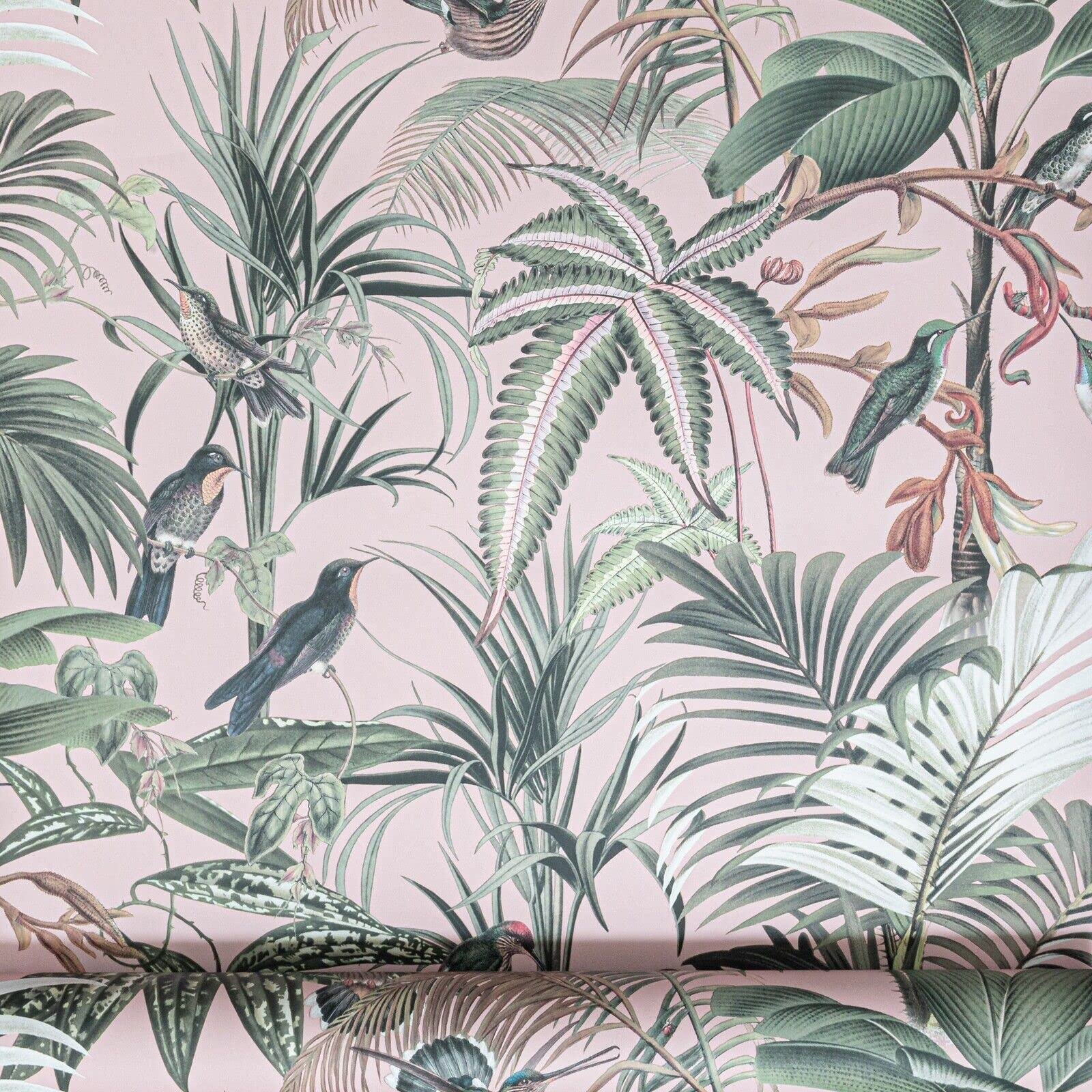 Sophie Laurence Tropical Birds Pink Tropical Rain Forest Birds Jungle Palm Leaves Green Non-Woven Wallpaper (Tropical Birds Pink)