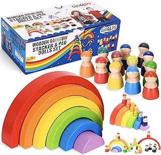 Wooden Rainbow Stacking Toy Playset – 6 Colorful Stacking Blocks & 12 Wooden People, Rainbow Baby Toy, Rainbow Stacker & Brain Development – Rainbow Toy & Puzzle Montessori Rainbow