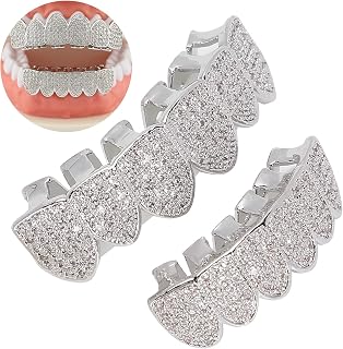Plated Hip Hop Teeth Grill Teeth, Polished Teeth Grillz for Men and Women Hip Hop Teeth Decoration Cold Plated Copper Grillz Teeth Set(silver)