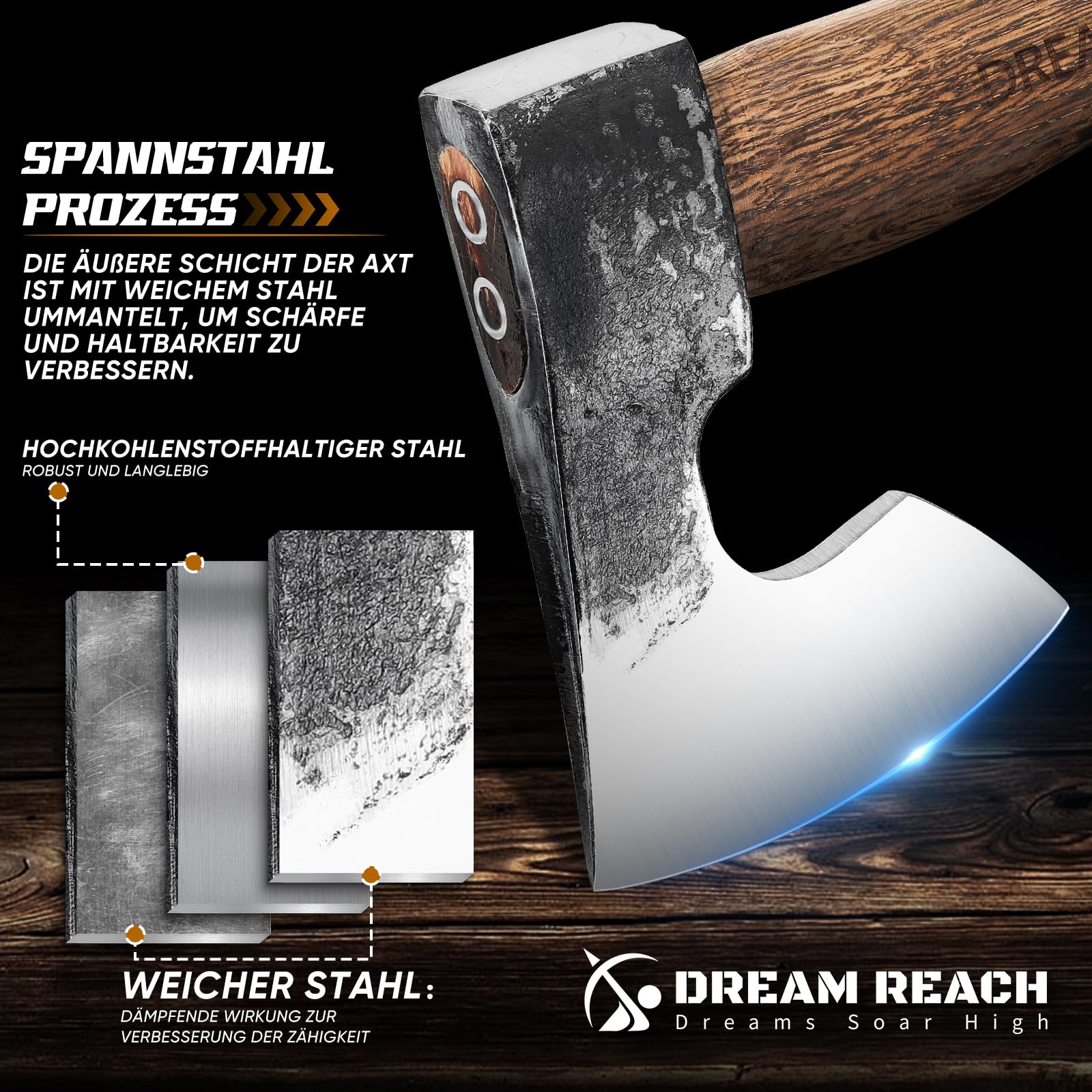 Dream Reach Beil Axt Wikinger - Handgeschmiedet Outdoor Survival Axt mit Leder Holster Carbonisierte Holzgriff für Camping und Wandern Geschenke für Männer Papa