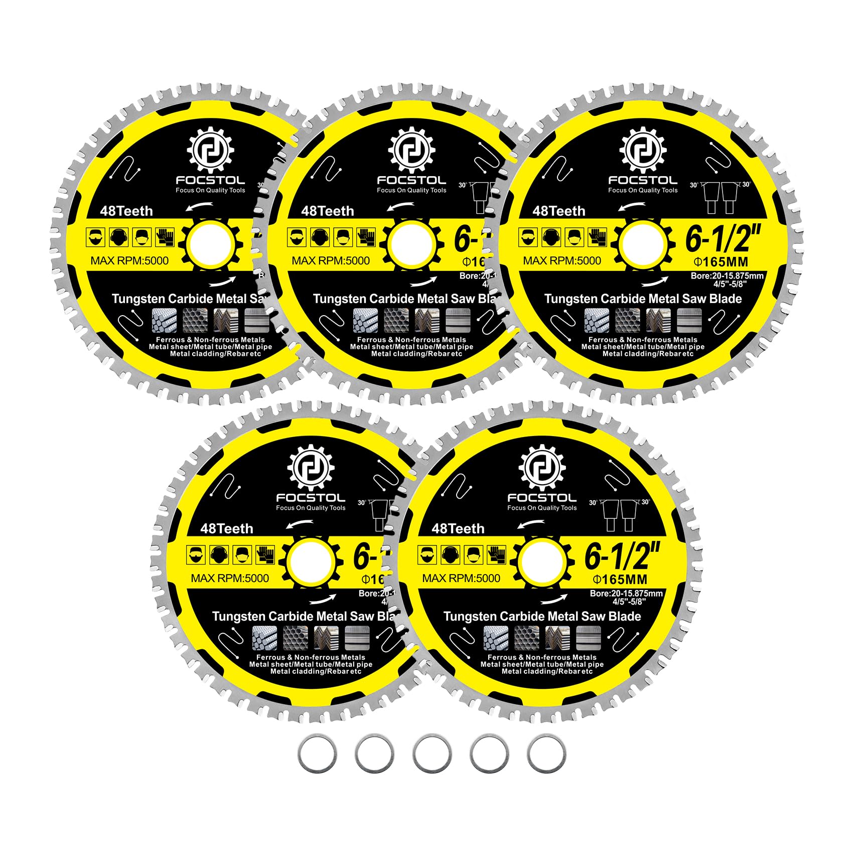 165mm Metal Cutting Circular Saw Blade - FOCSTOL 5pcs Tungsten Carbide Tipped Saw Blade 48T for Iron Ferrous Metals Steel Pipe Arbor 20mm x 15.875mm