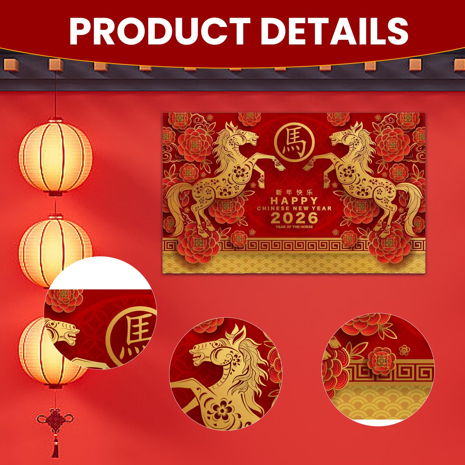 Chinese New Year 2026 Banner Large,Red Backdrop Banner for Chinese New Year Decoration 2026 Year of The Horse,2026 Wall Poster Backdrop for Party Outdoor and Indoor Photo Props,180 x 110cm,Fabric - Image 3