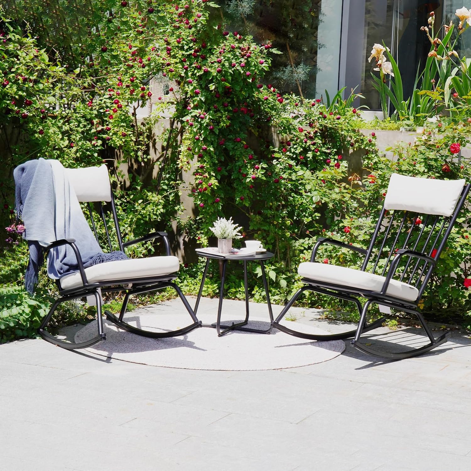 Grand patio Garten Schaukelstuhl Set mit Kissen und Beistelltisch, Outdoor GartenStuhl Schwingsessel bis 150 kg belastbar für Garten, Schlafzimmer, Wohnzimmer, Ecke, Veranda, Rot (Schwarz)