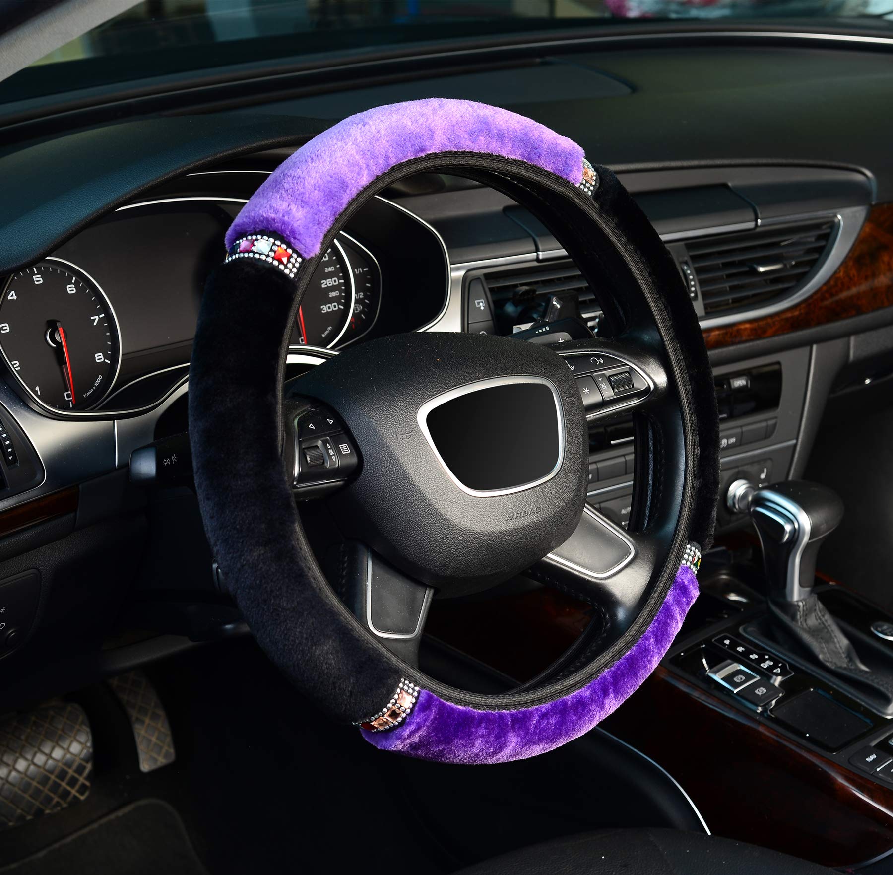 ZHOLPlush Steering Wheel Cover with Bling Bling Crystal Rhinestone, Universal 15 Inch Softy Fluffy Steering Wheel Cover for Women Girls, Anti-Slip, Winter Warm, Black&Purple