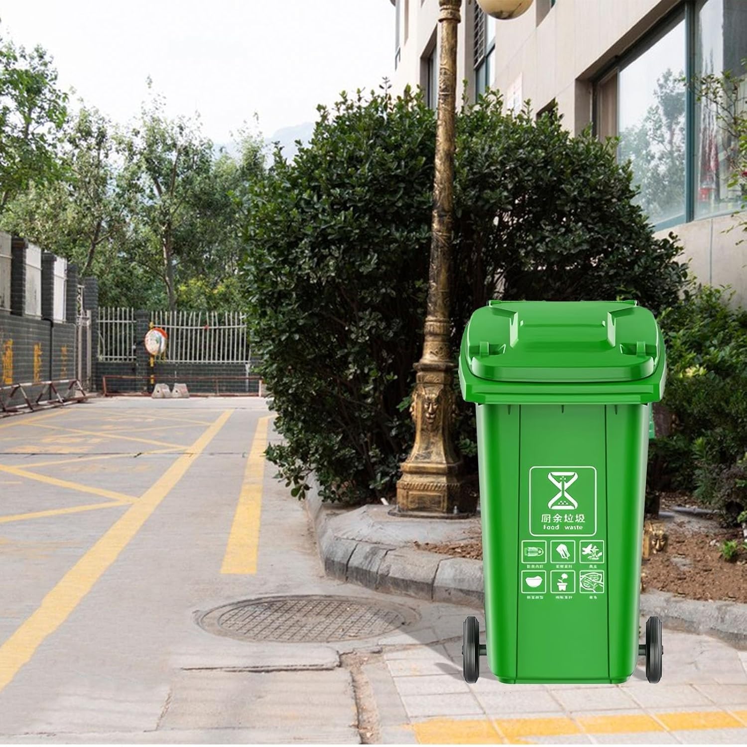 Contenedor de Basura para Exteriores con Ruedas, 120 l, 140 l, Industrial, móvil, Resistente, Grande, con Tapa, Comercial, para Porche, Patio, terraza (Verde, 100 l)