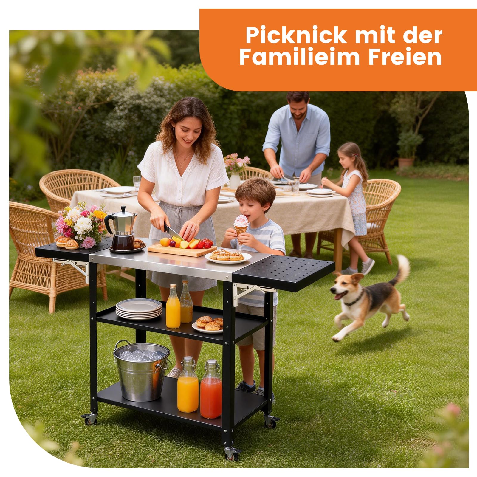 Gourmet Grilltisch Klappbar Servierwagen 3 Etagen Küchenwagen, Edelstahl Grillwagen Beistelltisch Outdoorküche mit Rollen, Mobiler Tischplatte für Garten Grill Camping Außenbereich