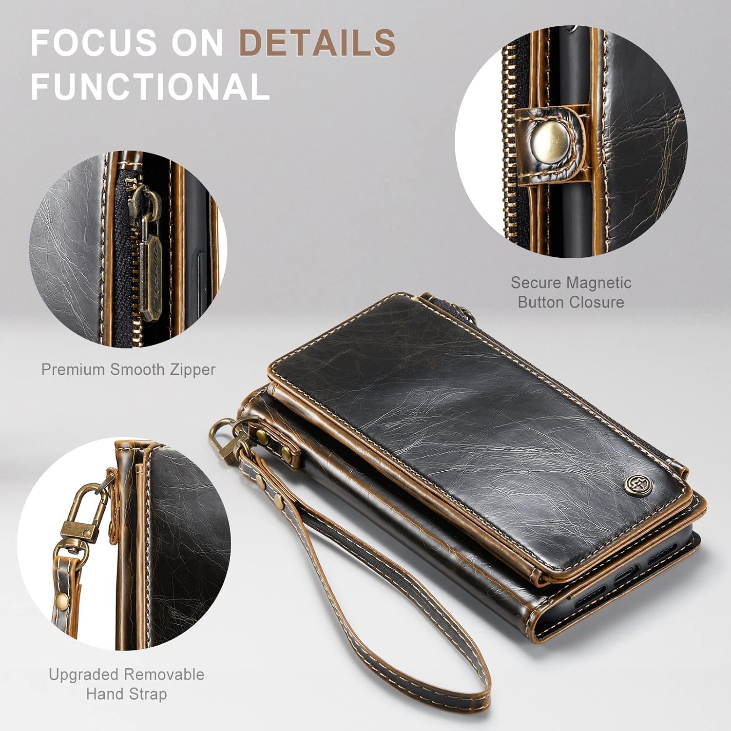 Defencase iPhone 13 Pro Max Vintage Wallet Case, PU Leather, Magnetic Flip, Wrist Strap, Zipper Card Holder, Luxury Coffee