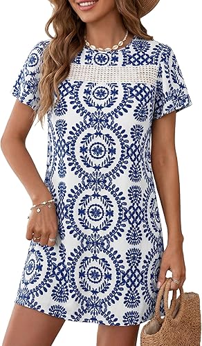 Umenlele Women's Hollow Out Floral A Line Short Sleeve Keyhole Flowy Casual Mini