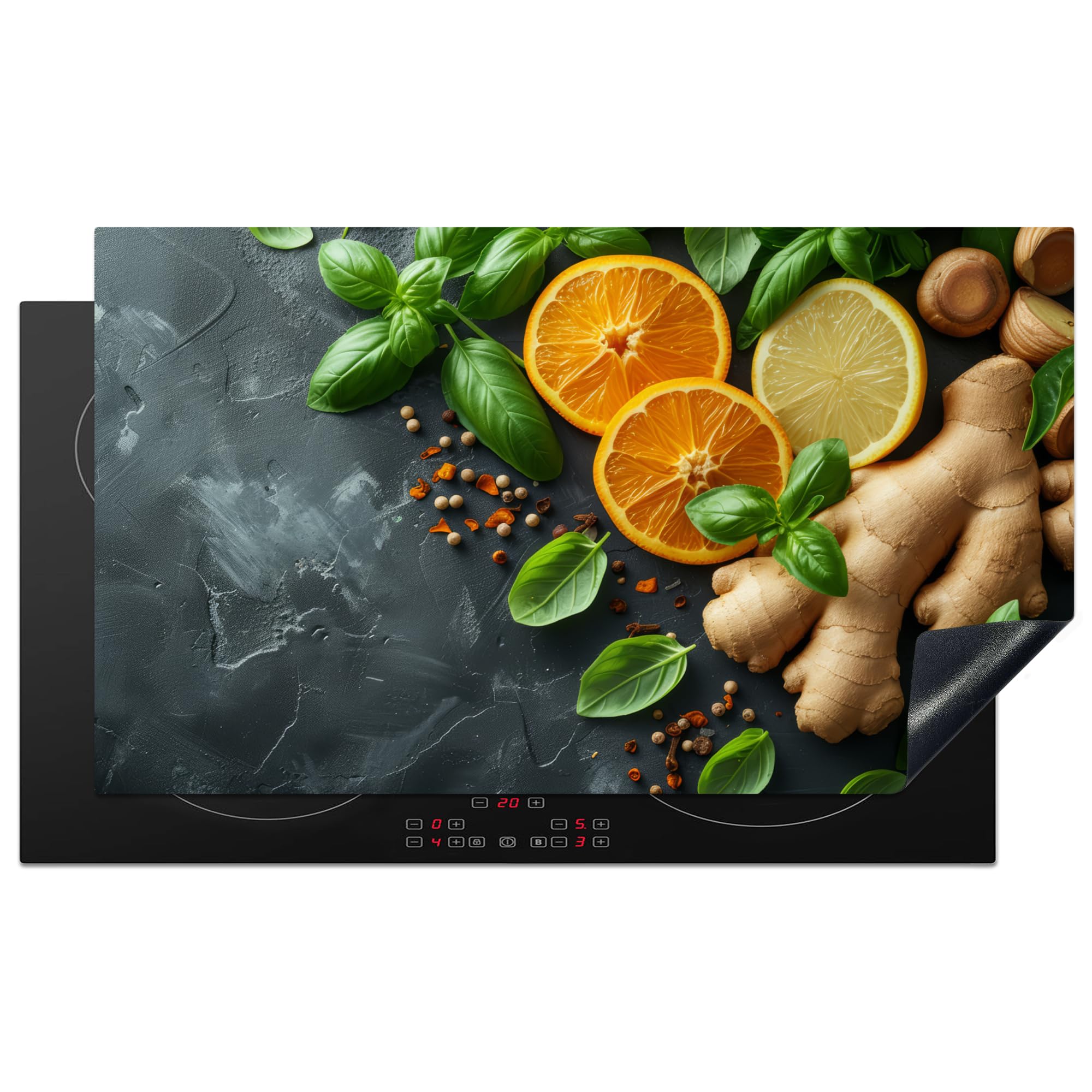 KitchenYeah© Induction Hob Cover Protector Mat 20.5"x35.4" / 90x52 cm Kitchen Universal Ceramic Covers for Electric Cookers Vinyl Spices - Fruit - Concrete - Ginger - Leaves