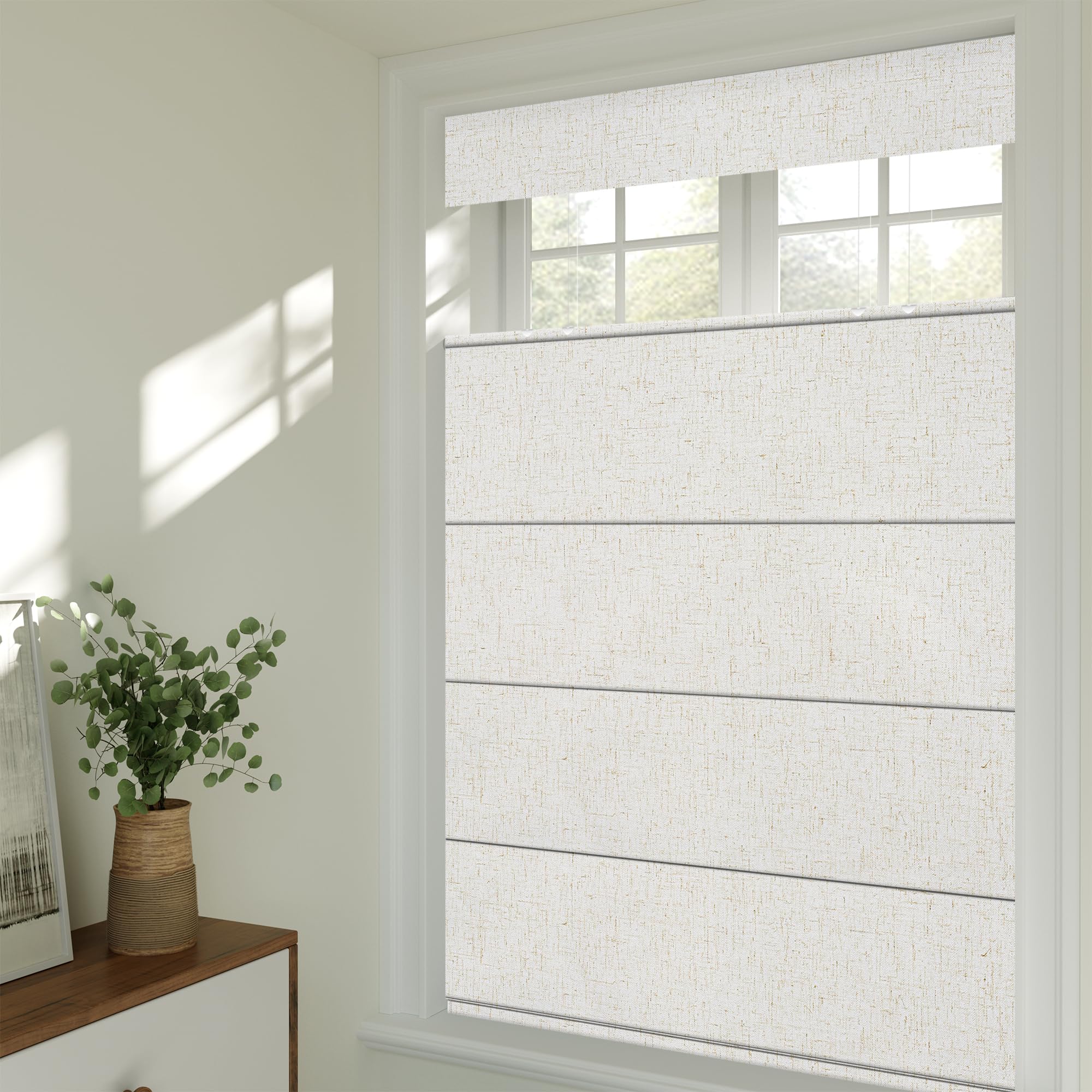 MoDanCeQ Cordless Top Down Bottom Up Roman Shades for Windows, No Fray Blackout Roman Blinds for Living Room,Bathroom, ?v Protection, Privacy, Thermal Insulation,Linen Beige White,Custom Size
