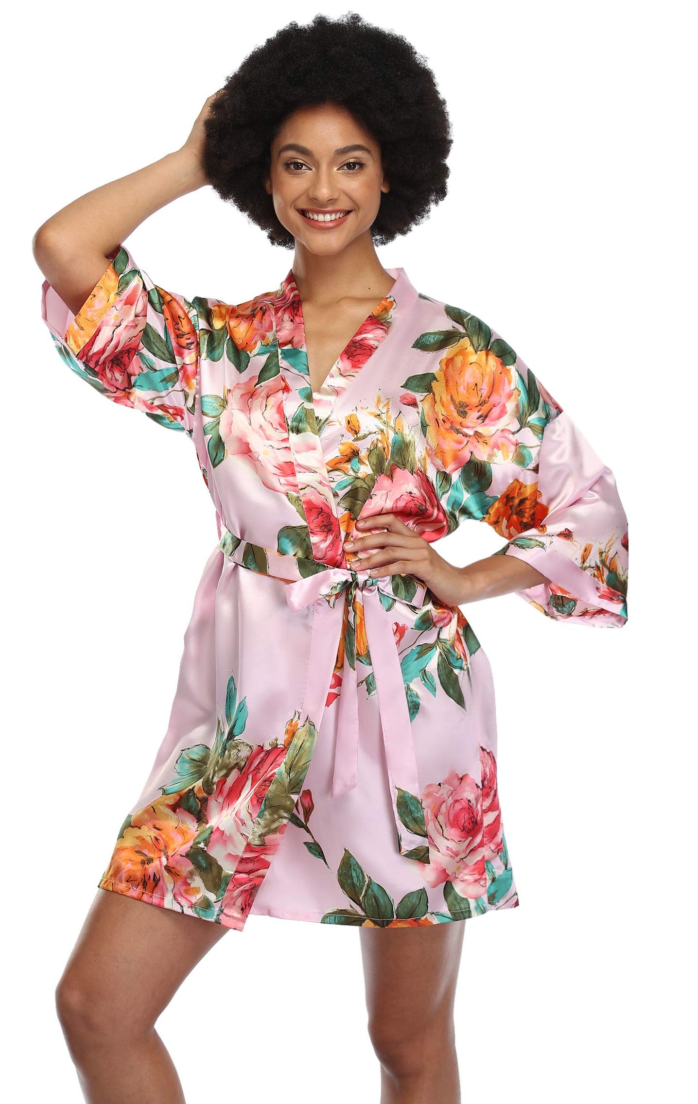 SUGAR JAN Women's Silk Floral Robe for Bride Bridesmaid Short Lightweight Kimono Bathrobe Loungewear