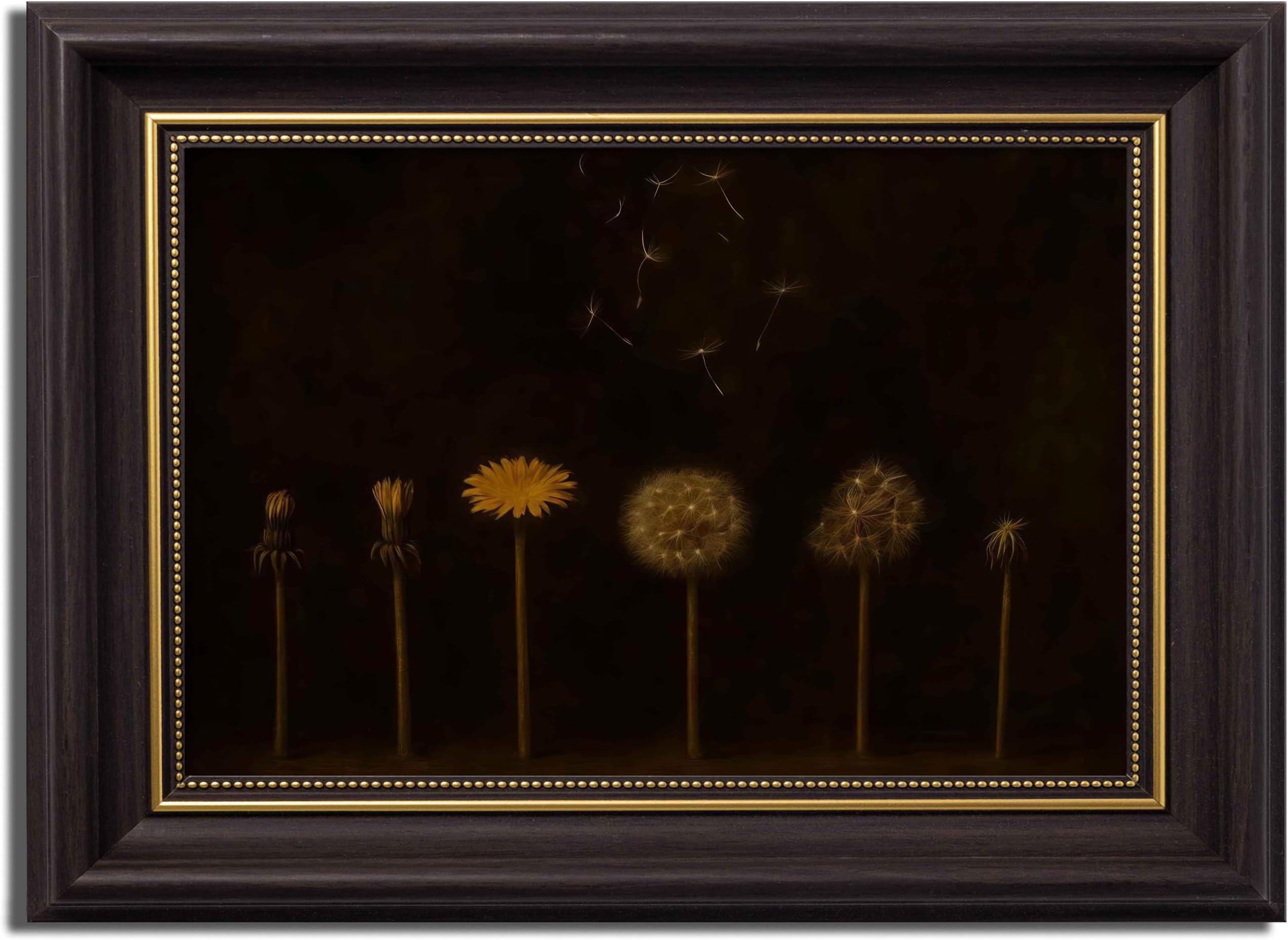 Brown Framed Dandelion Canvas Wall Art Dark Dandelion Flower Painting Decor Pictures Retro Moody Plant Floral Posters Prints for Bathroom Apartment Hotel Kitchen Room Living room Bedroom Decoration