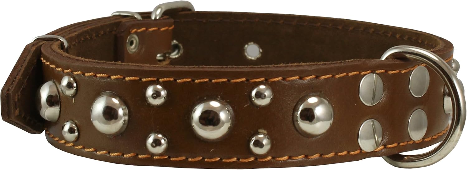 Genuine 1.5" Wide Thick Leather Studded Dog Collar. Fits 17"-21.5" Neck, Large Breeds.