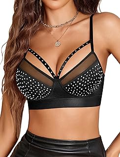 Sexy Bras for Women Rhinestone Wireless Bralettes Lace V Neck Wirefree Bra Strappy Rave Outfit NO Padded
