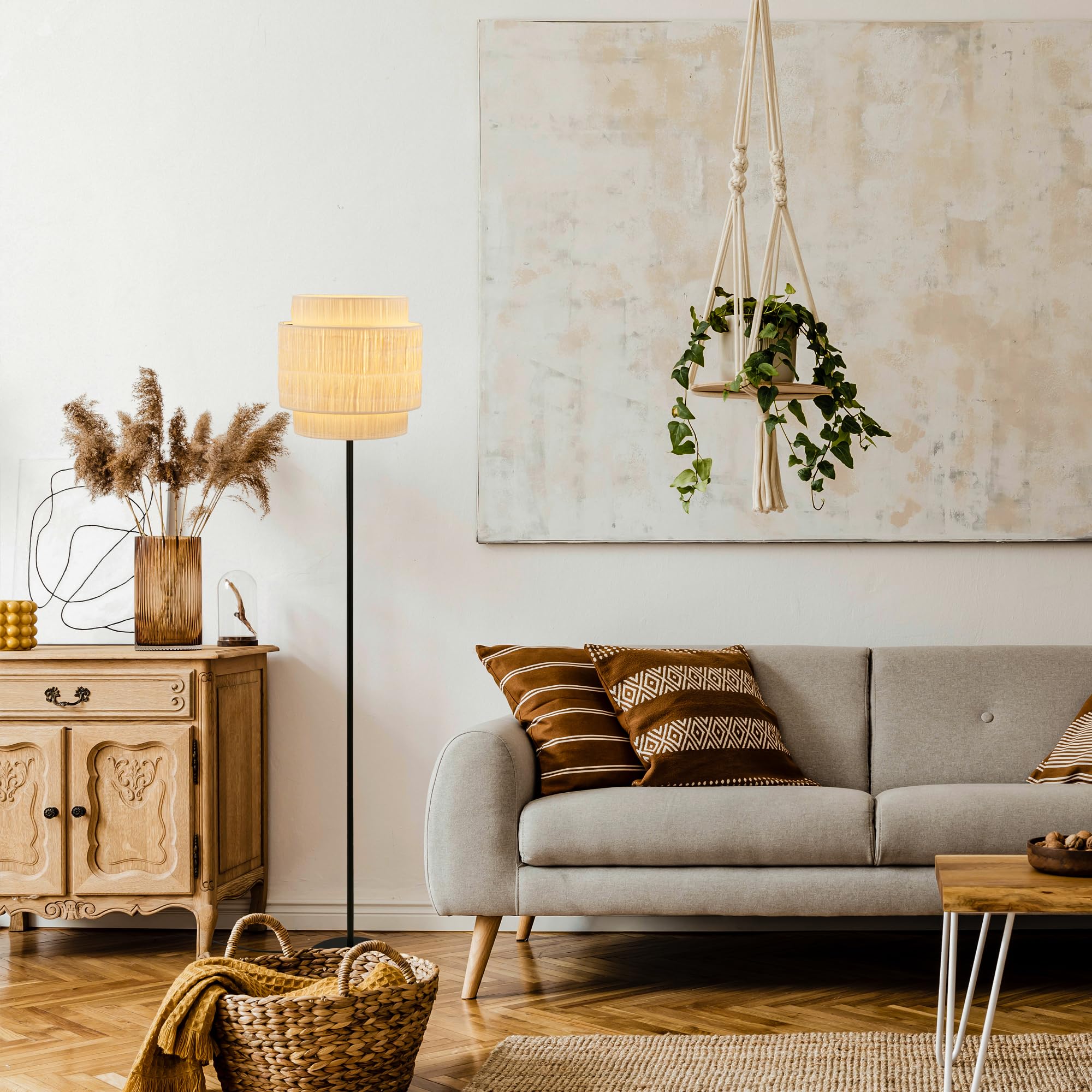 BRILONER - Lámpara de pie con pantalla de rafia, interruptor de pie on/off, E27, máx. 10W, boho, estética, lámpara de pie, lámpara de lectura, 30 x 165 cm (DxH), nature