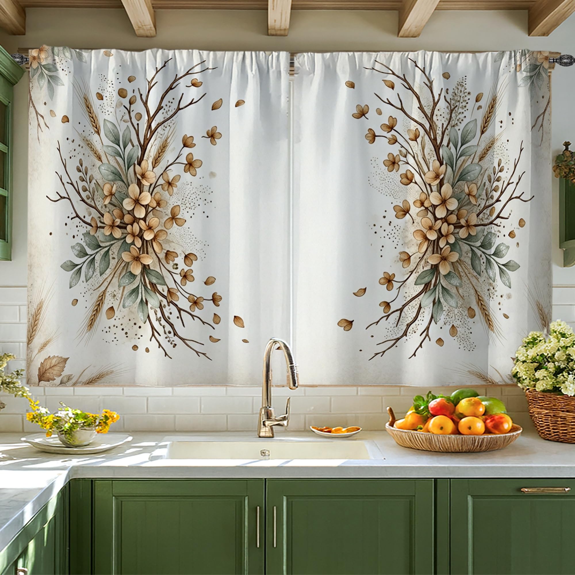 Rideaux de cuisine blancs 106x114 motif branches décoration fenêtre appartement