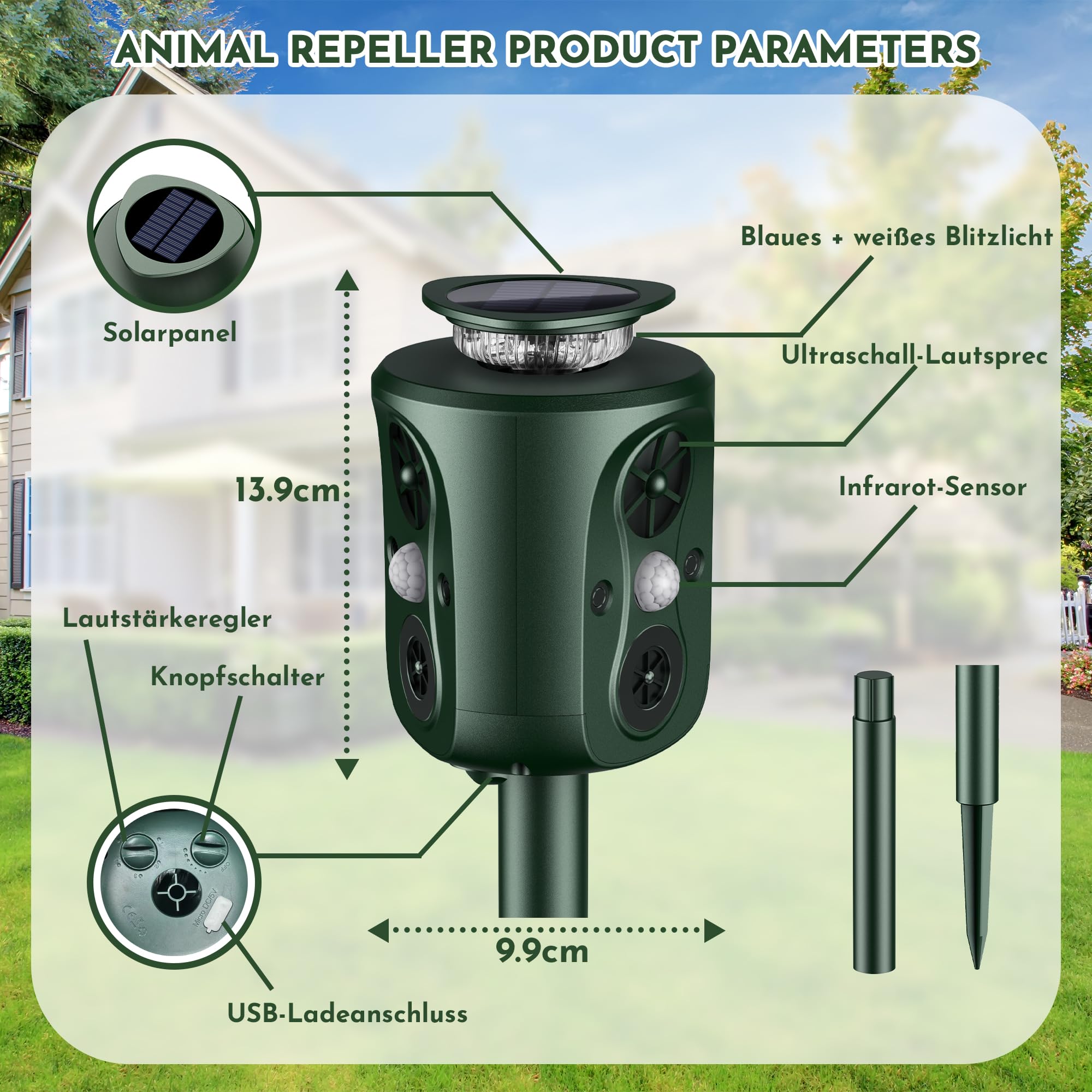 Katzenschreck Ultraschall Solar Tiervertreiber, 360° Marderschreck mit LED-Licht Katzenabwehr Marderabwehr Garten IP66 Wasserdicht 5 Modus Waschbär Abwehr für Katzen Hunde Marder Mäuse Vögel