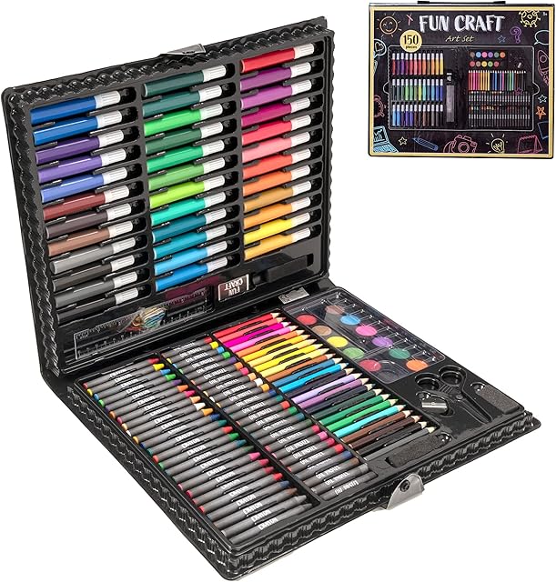 Fun Craft 150 Piece Art Set with Plastic Case | Art Sets for Children Creativity Drawing Art Studio Gift Case Colouring Pencils, Sketching Pencils, Watercolour Paint Set & More, Crafts Kits for Kids