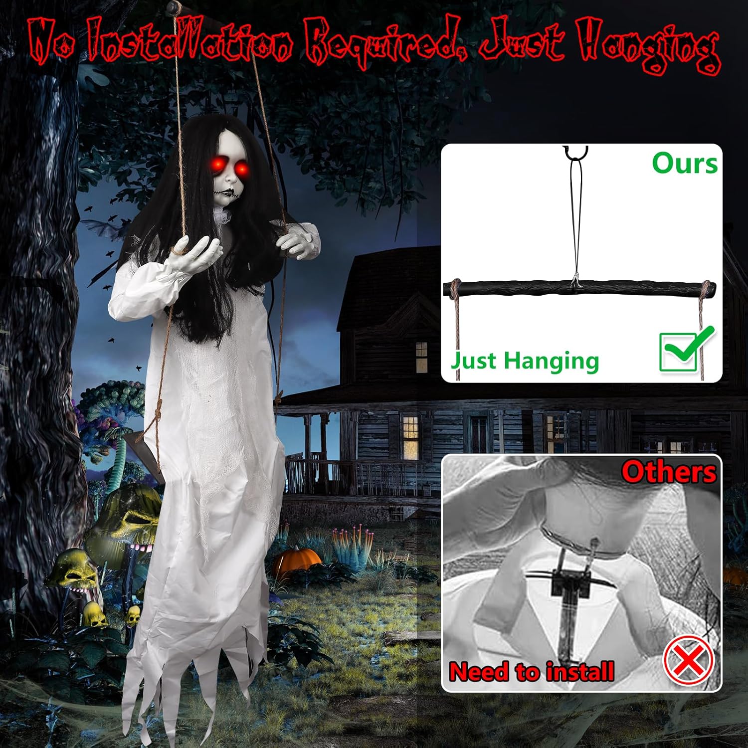 3.9 Ft Halloween Decorations Animatronics Hanging Swinging Girl with Creepy Sound/Light Up Eyes/Scary Expression, Creepy Doll Hanging Ghosts Haunted House Holiday Decor Prop for Indoor Outdoor