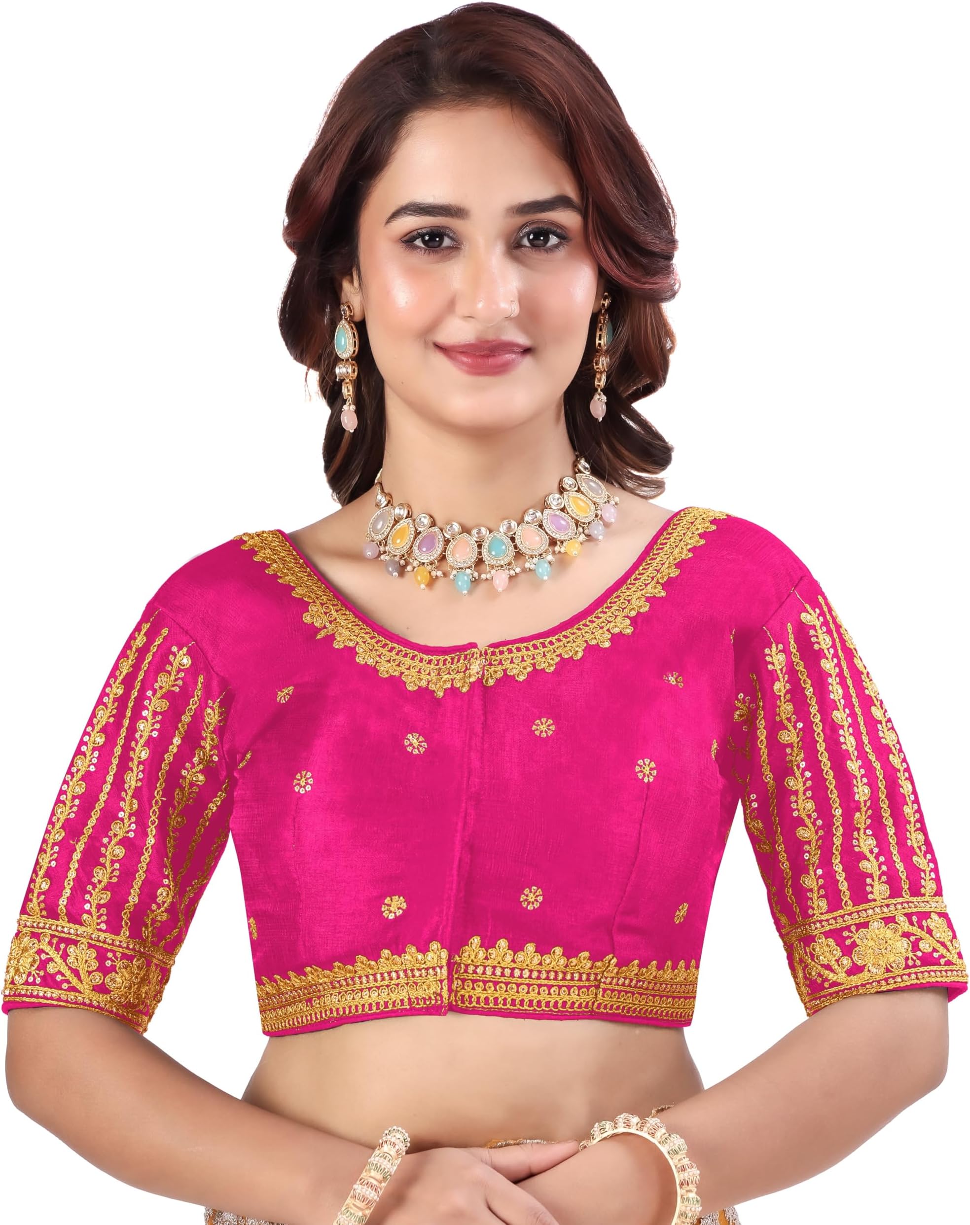 Women's Readymade Blouse Embroidery Multi Coding Gold Thread Indian Ethnic Designer Stitched Readymade Saree Half Sleeve Blouse for Women for Saree Lehenga Choli