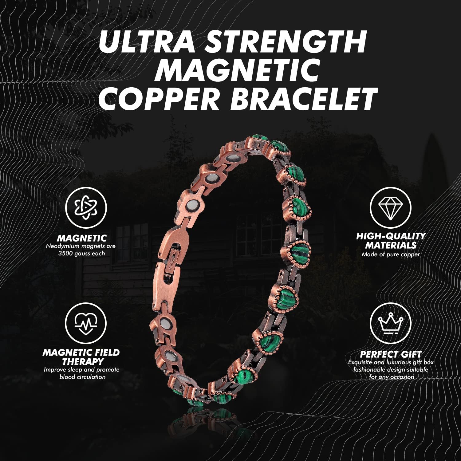 Auinz Malachite Pure Copper Bracelet for Women's Relief Arthritis Pain Carpal Tunnel Heart Adjustable Bracelet (Malachite) : Health & Household